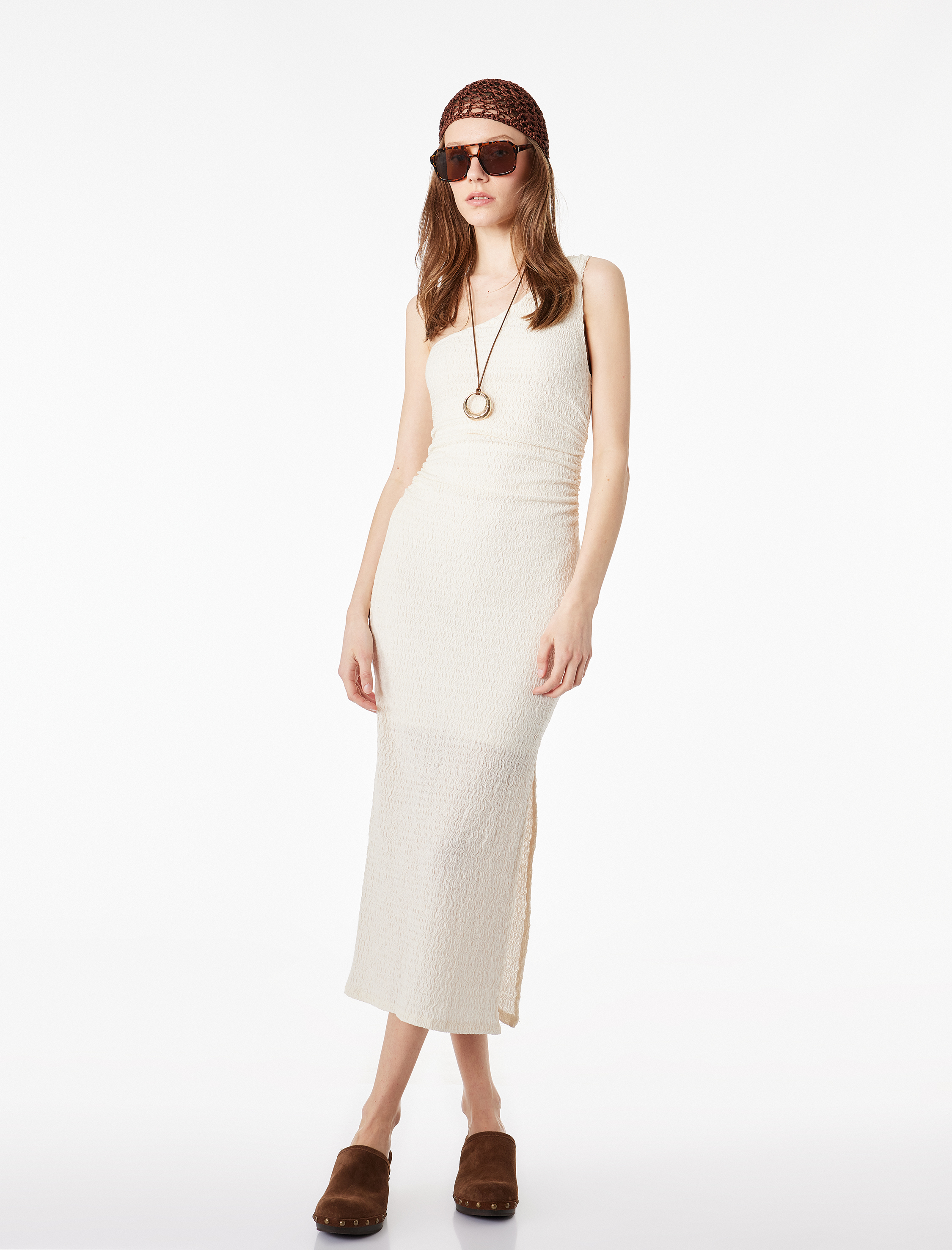   Bağlama Detaylı Slim Fit Drapeli Bürümcük Uzun Tek Omuz Elbise