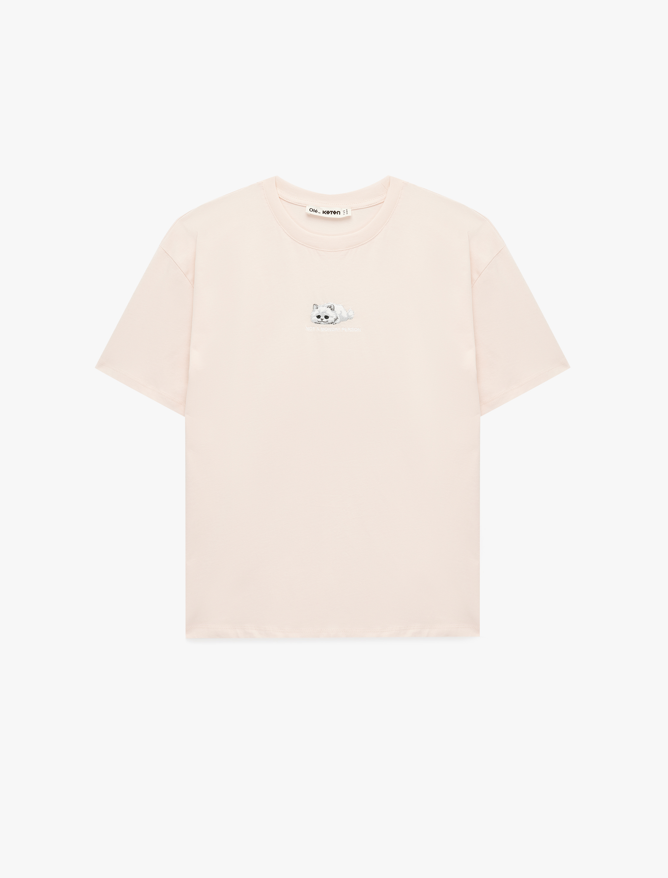   Rahat Kalıp Kısa Kollu Bisiklet Yaka Pamuklu Kedi Nakışlı Tişört