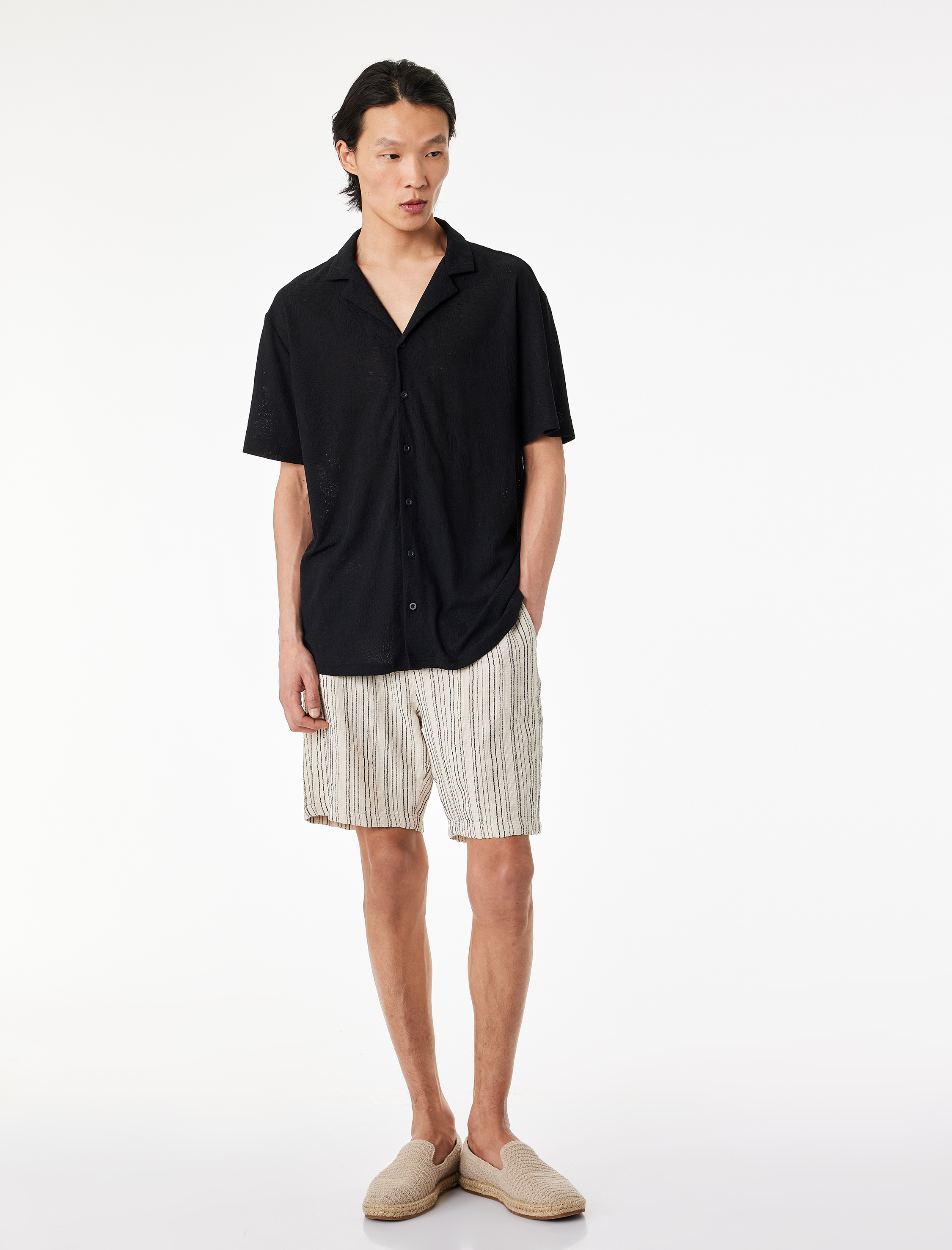   Pamuklu Cepli Bermuda Çizgili Beli Bağcıklı Şort