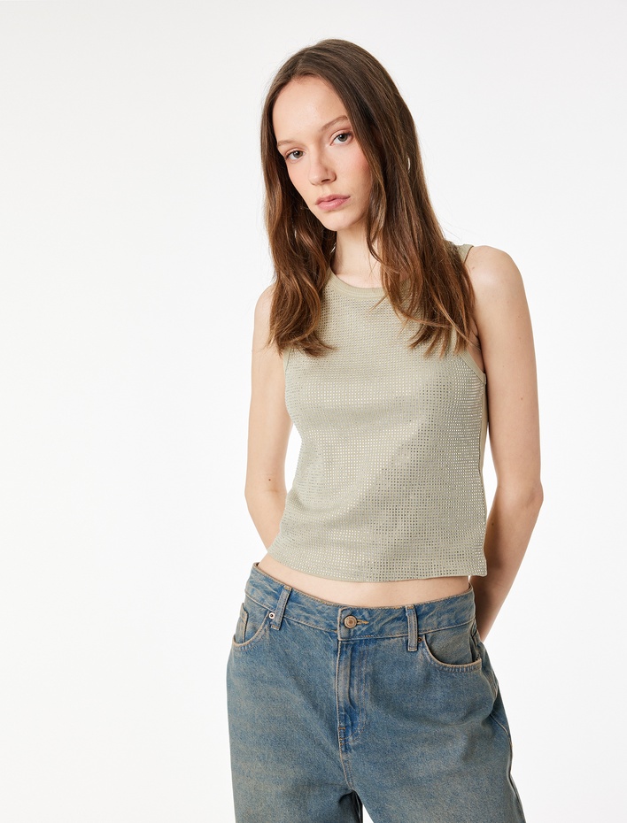  Pamuklu Taş Detaylı Kolsuz Bisiklet Yaka Bluz