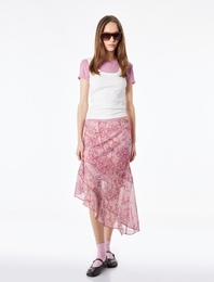 Asimetrik Tül Detaylı Slim Fit Midi Etek