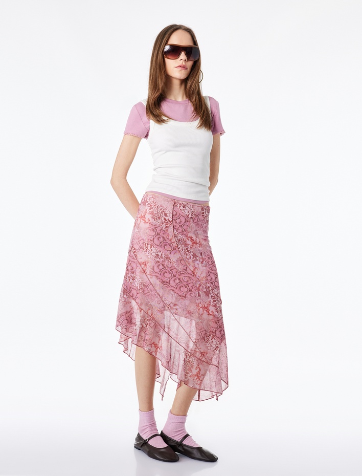  Desenli Asimetrik Kesim Slim Fit Midi Etek