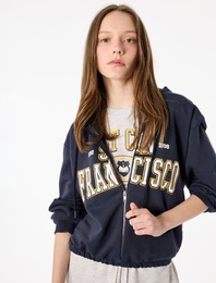 Uzun Kollu Kapüşonlu Fermuarlı Crop Sweatshirt