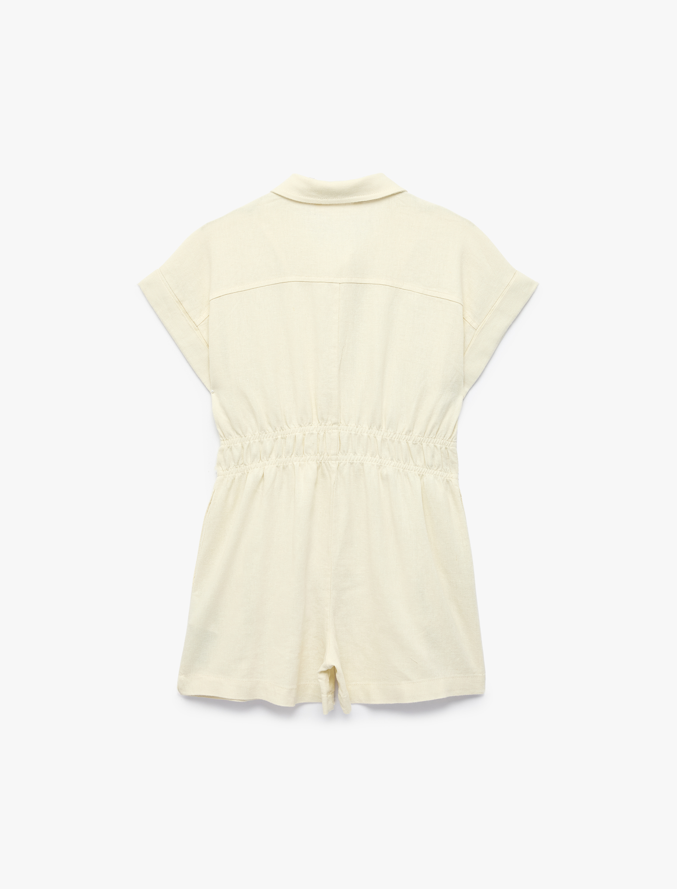  Kız Çocuk Beli Lastikli Cepli Düğmeli Kısa Kollu Gömlek Yaka Keten Şort Tulum