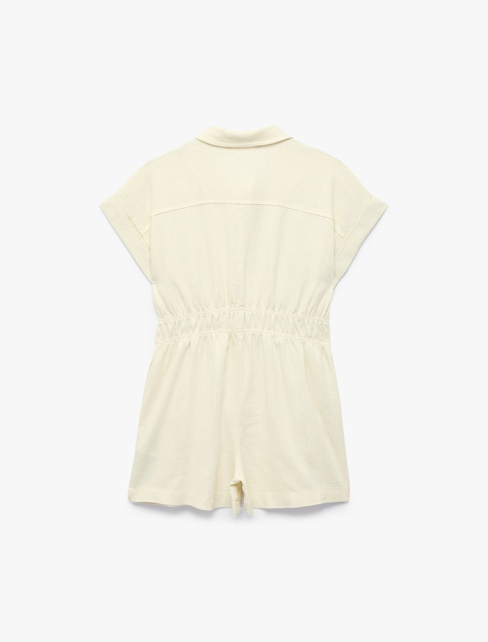 Kız Çocuk Beli Lastikli Cepli Düğmeli Kısa Kollu Gömlek Yaka Keten Şort Tulum