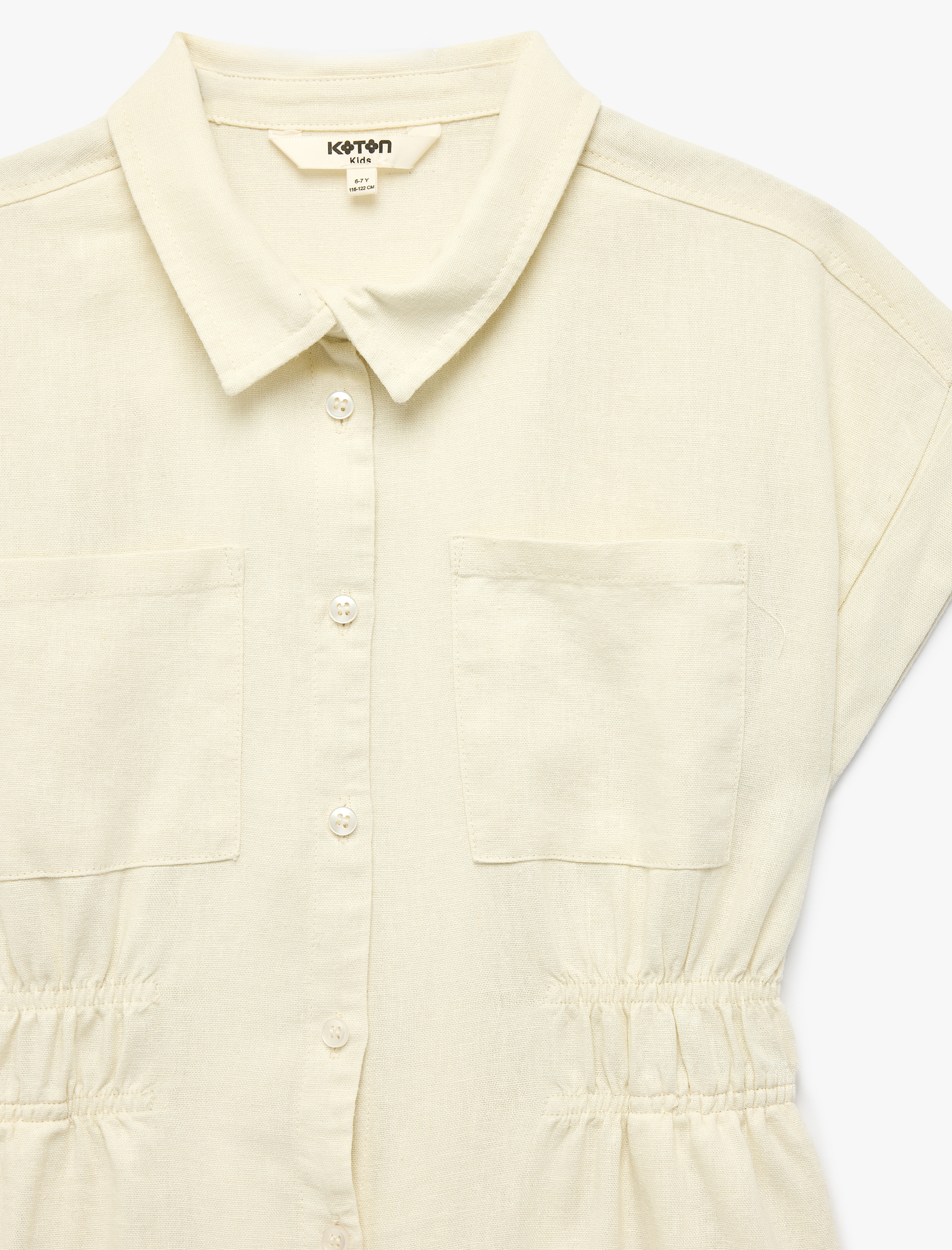  Kız Çocuk Beli Lastikli Cepli Düğmeli Kısa Kollu Gömlek Yaka Keten Şort Tulum