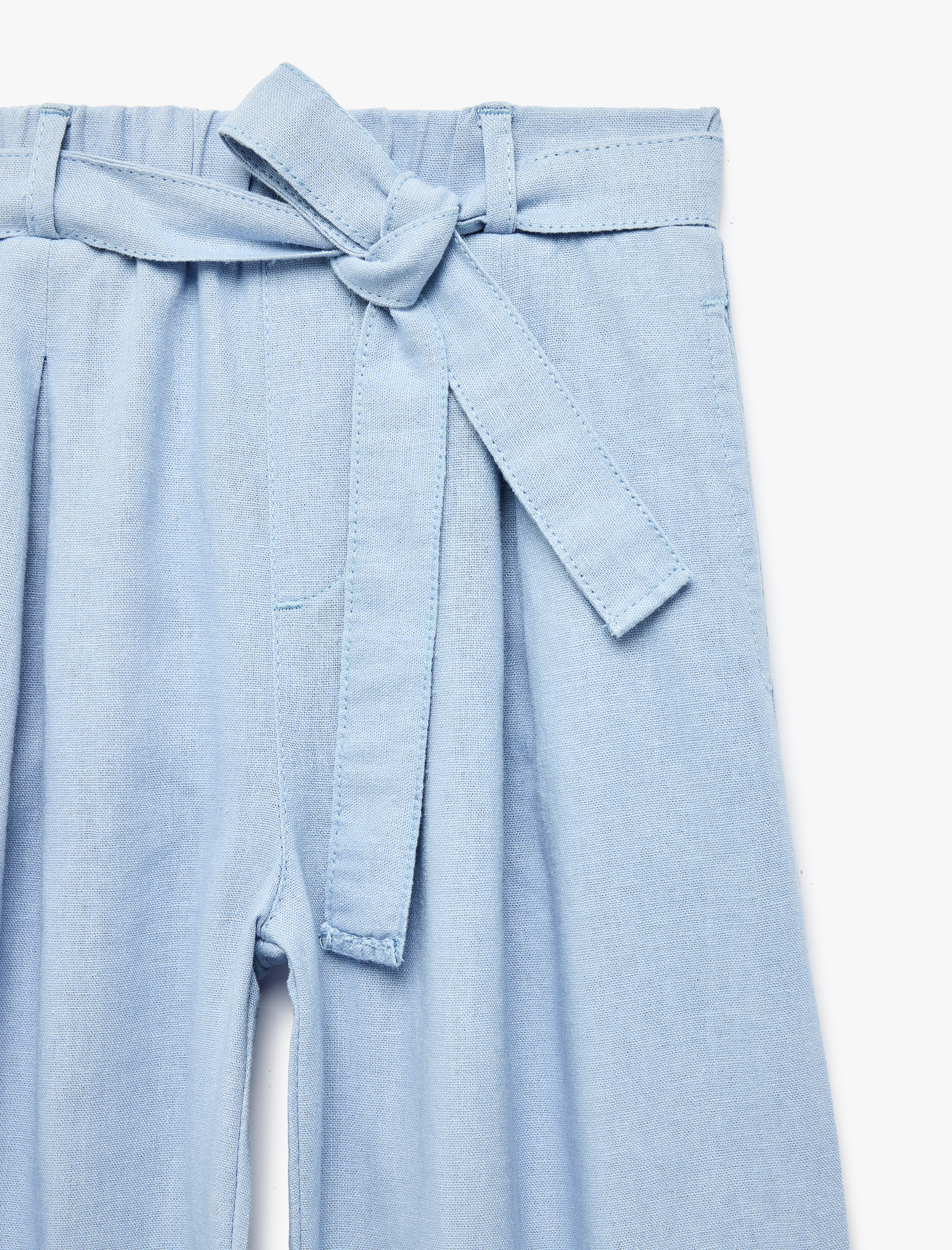  Kız Çocuk Bağlama Kemer Detaylı Cepli Geniş Paça Keten Pantolon