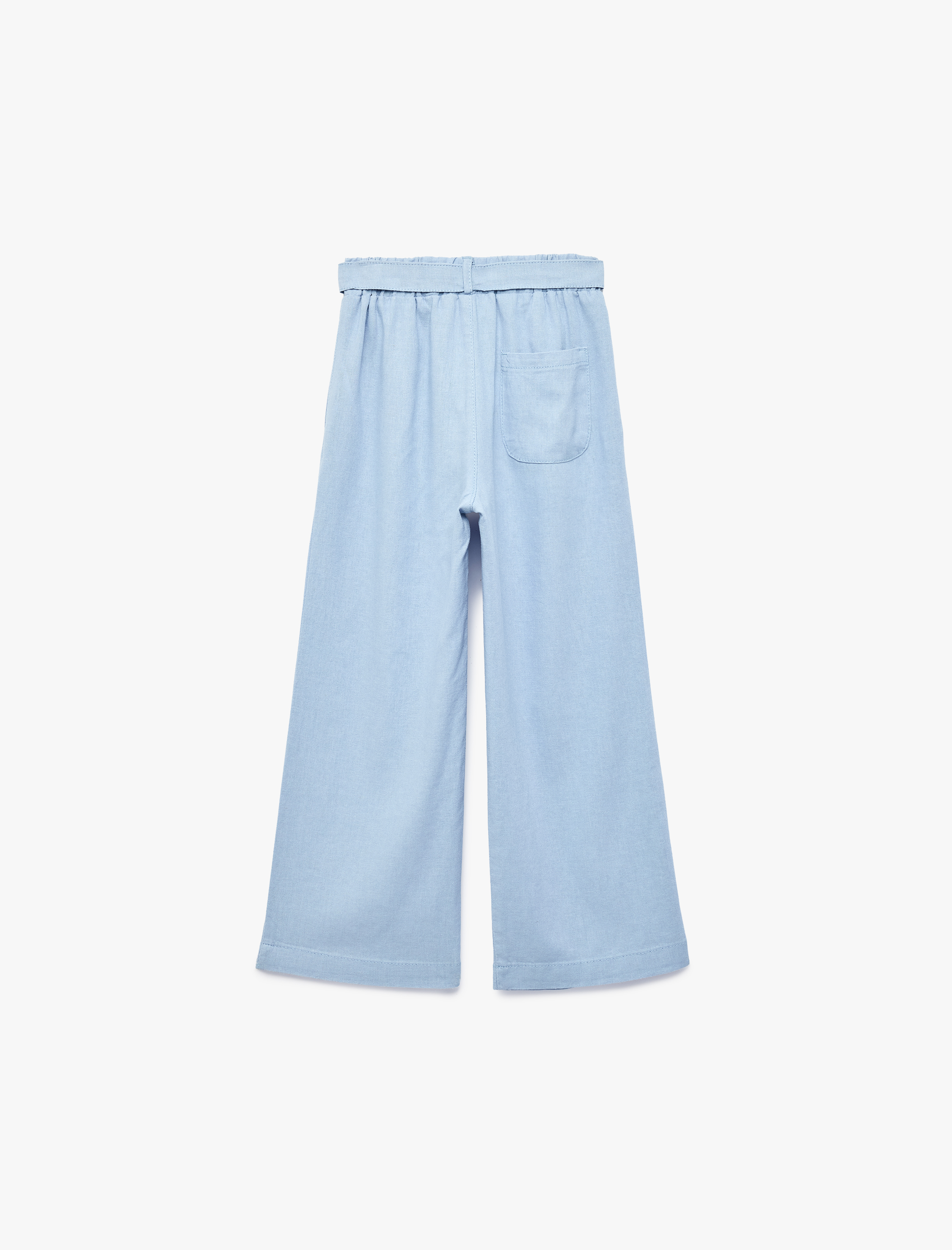  Kız Çocuk Bağlama Kemer Detaylı Cepli Geniş Paça Keten Pantolon