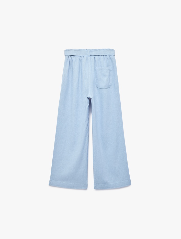 Kız Çocuk Bağlama Kemer Detaylı Cepli Geniş Paça Keten Pantolon