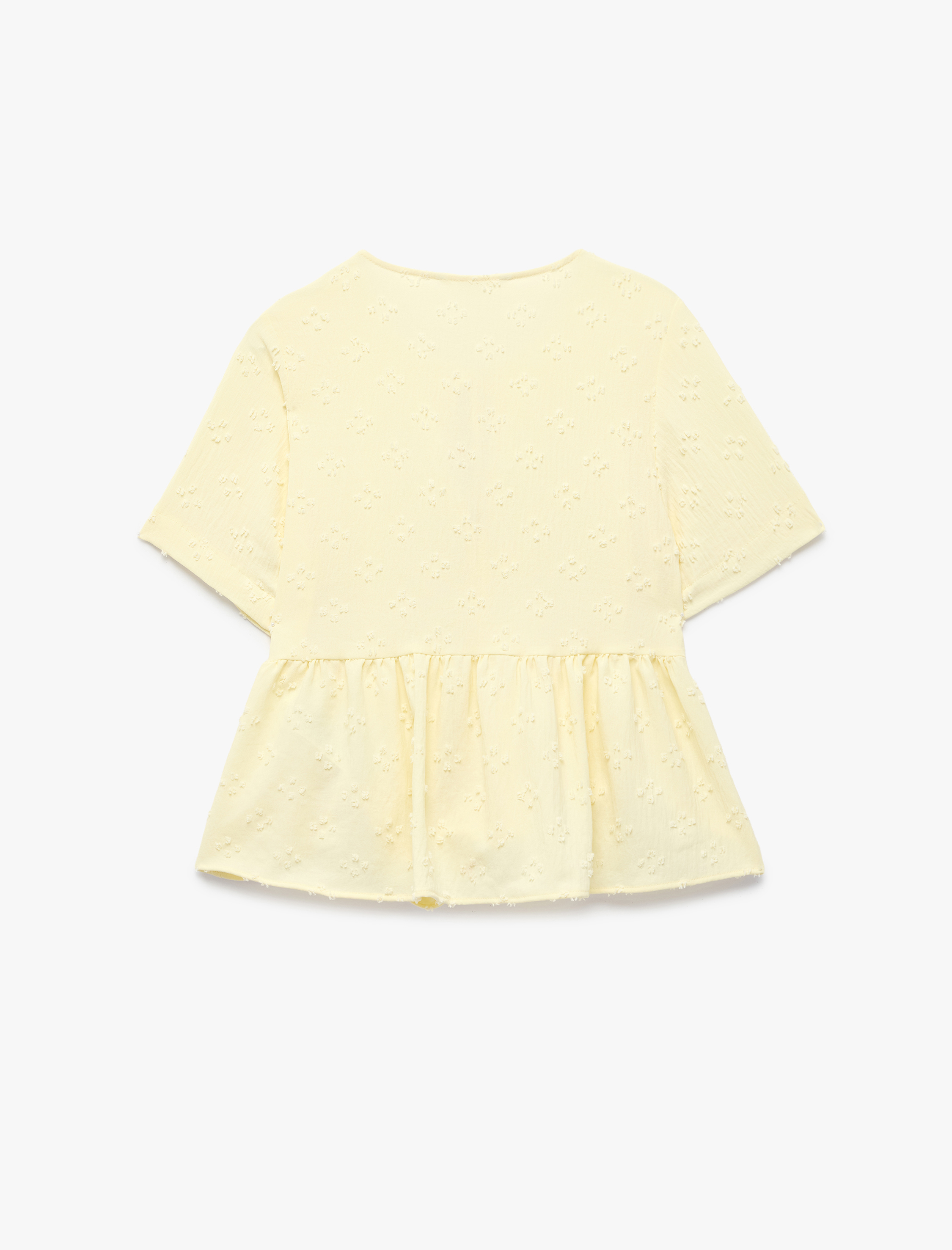   Bağlamalı Fiyonk Detaylı Kısa Kollu Dokulu Peplum Bluz