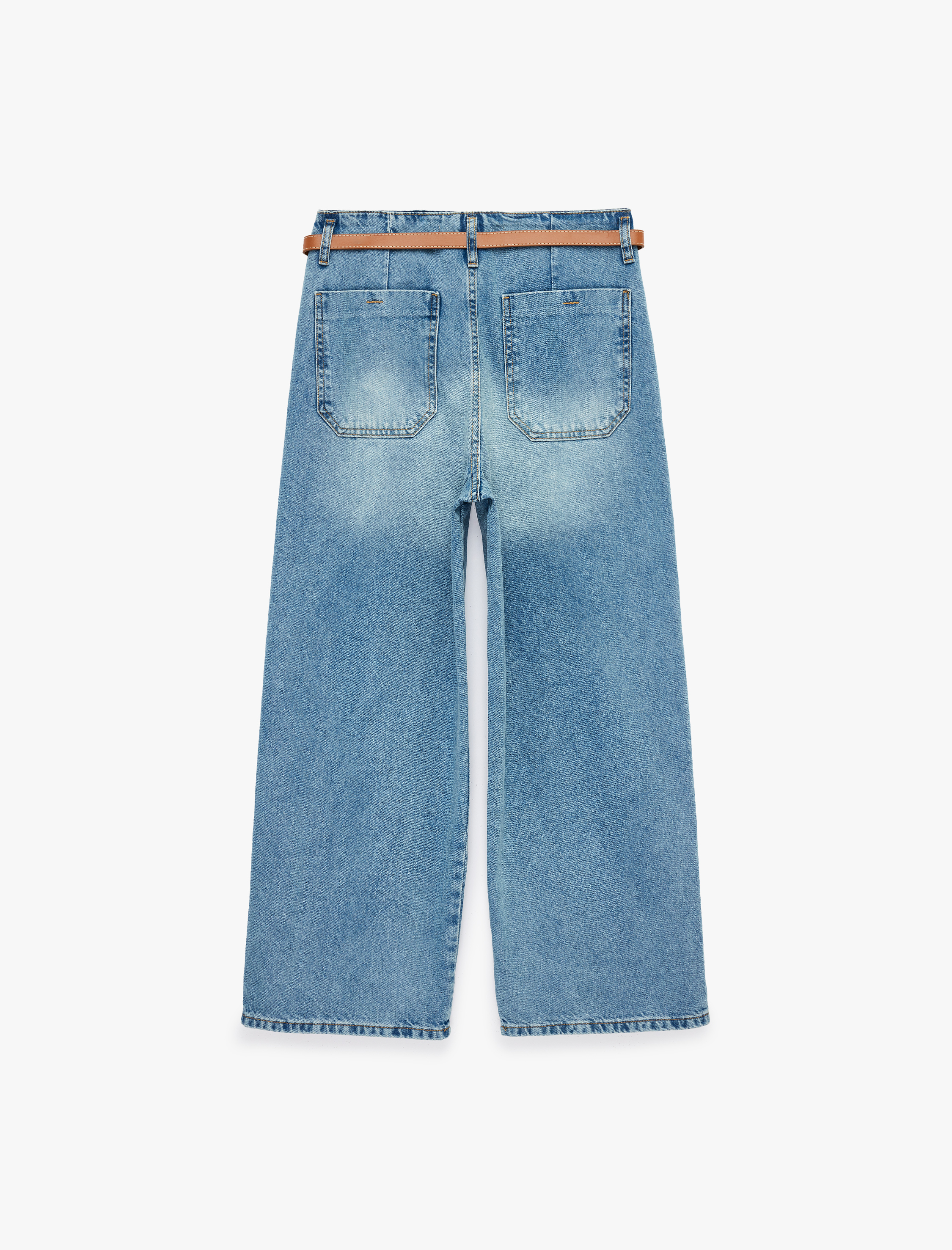   Yüksek Bel Pamuklu Kemerli Kısa Geniş Paça Denim Pantolon - Wide Leg Jean