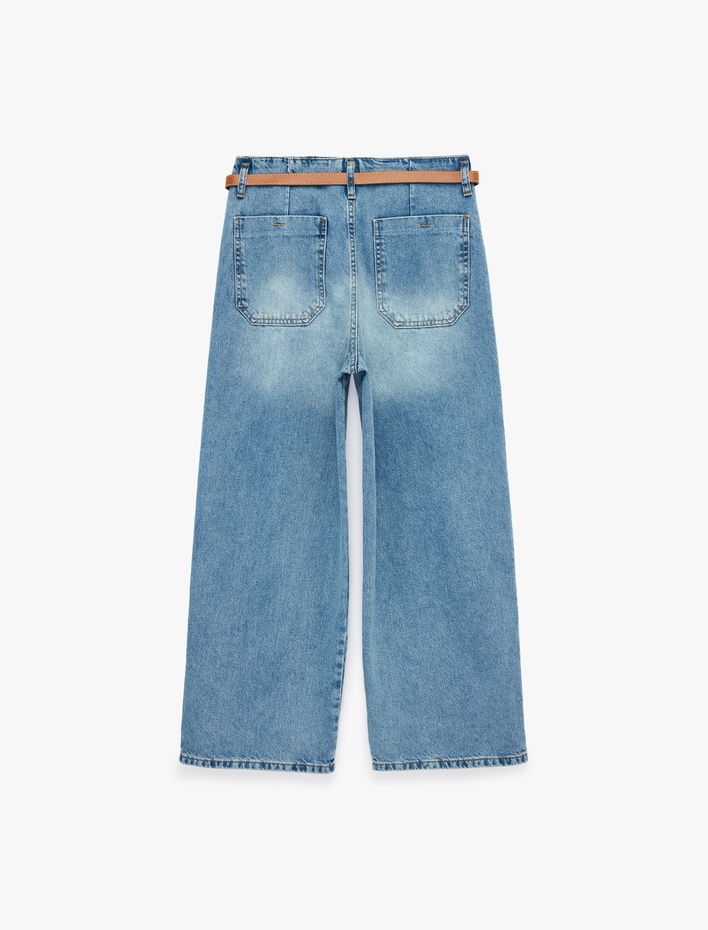  Yüksek Bel Pamuklu Kemerli Kısa Geniş Paça Denim Pantolon - Wide Leg Jean