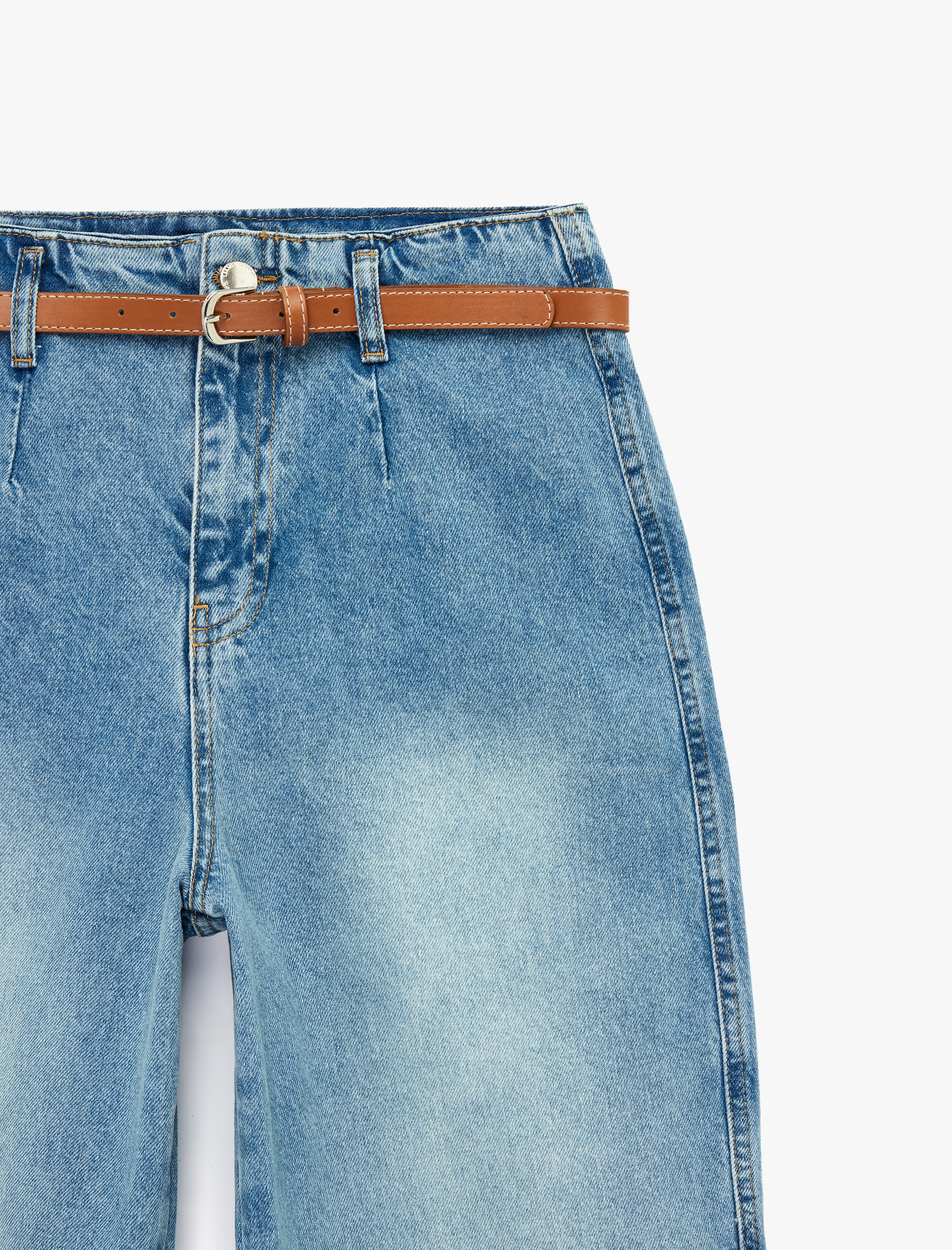   Yüksek Bel Pamuklu Kemerli Kısa Geniş Paça Denim Pantolon - Wide Leg Jean