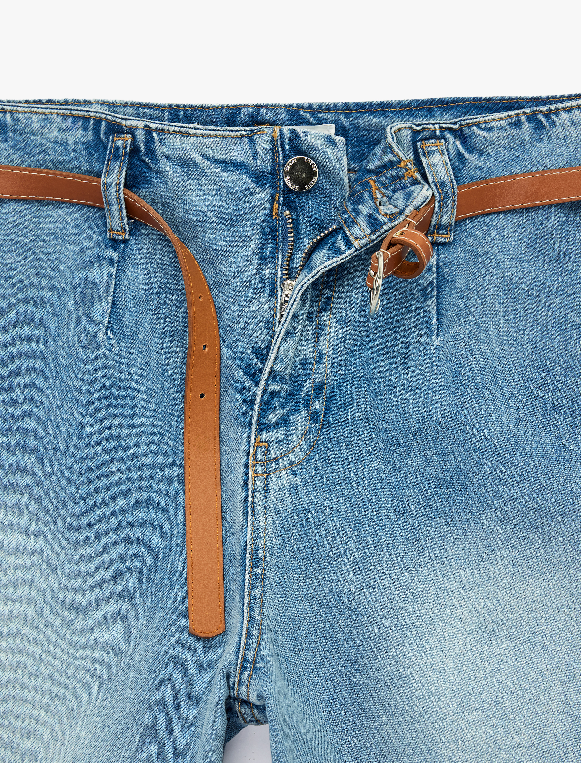   Yüksek Bel Pamuklu Kemerli Kısa Geniş Paça Denim Pantolon - Wide Leg Jean