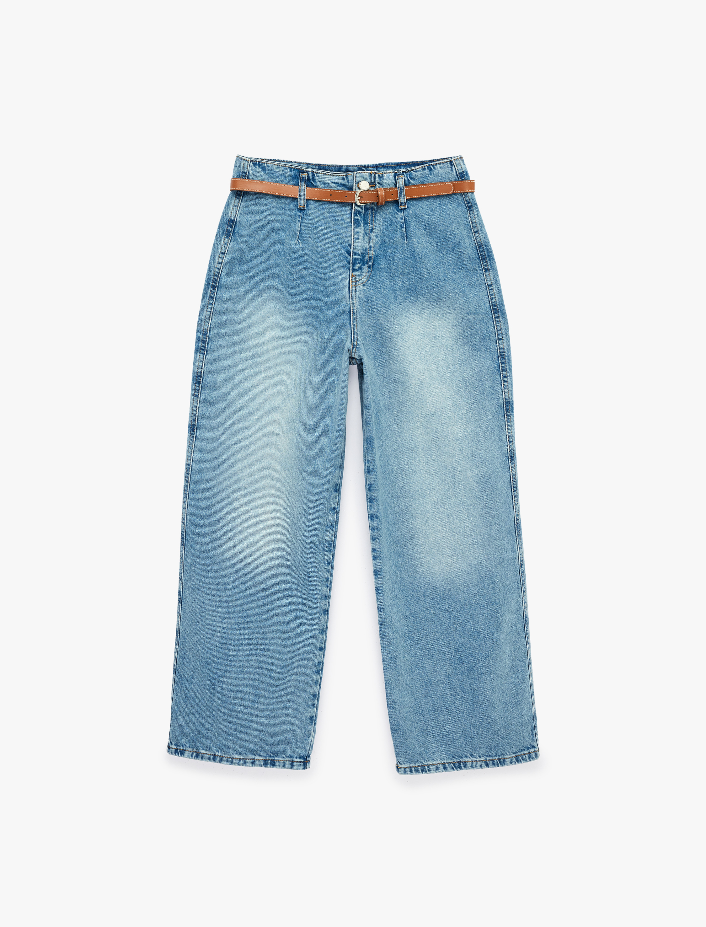   Yüksek Bel Pamuklu Kemerli Kısa Geniş Paça Denim Pantolon - Wide Leg Jean