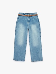 Yüksek Bel Pamuklu Kemerli Kısa Geniş Paça Denim Pantolon - Wide Leg Jean