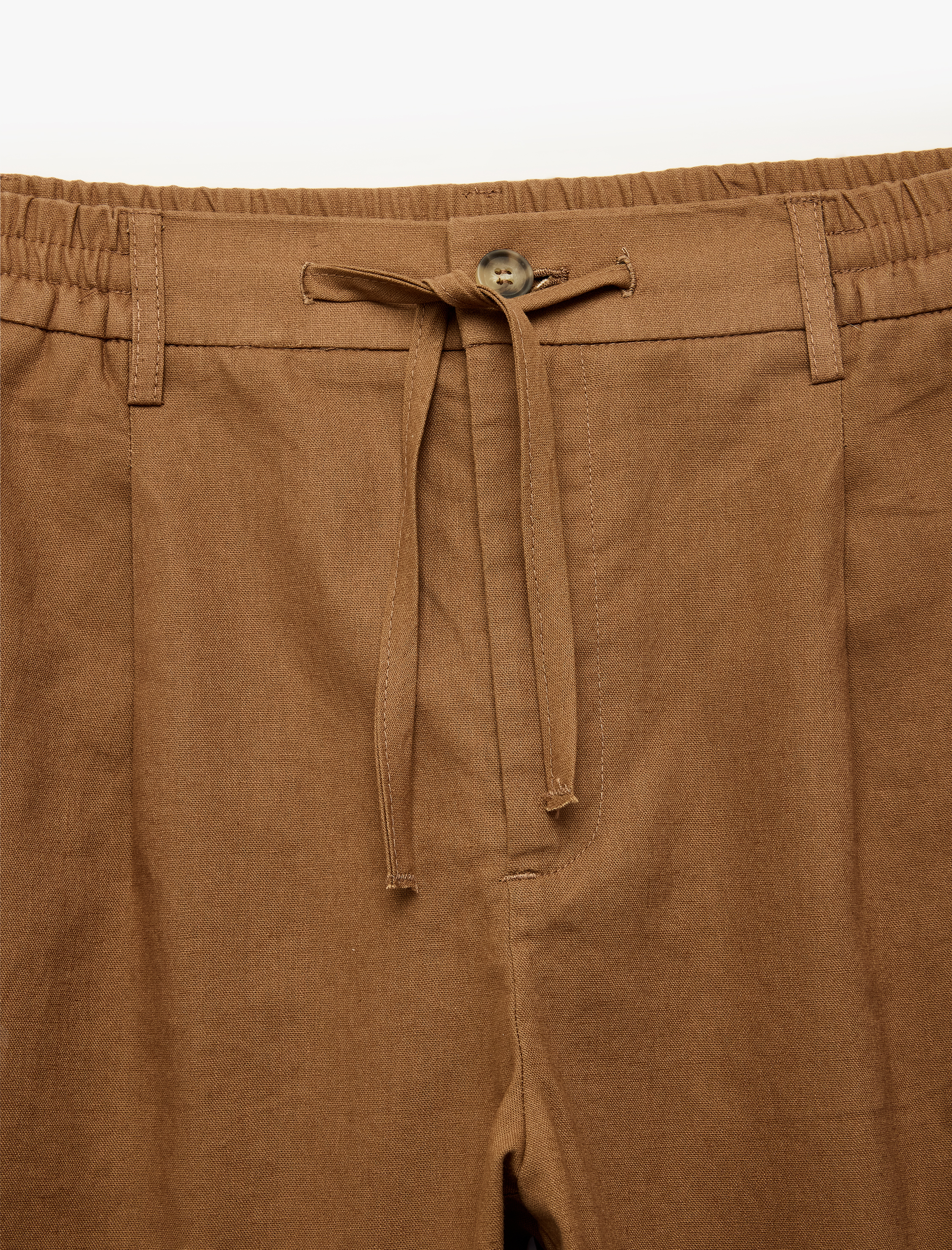   Regular Fit Beli Lastikli Düğmeli Düz Paça Keten Karışımlı Chino Pantolon