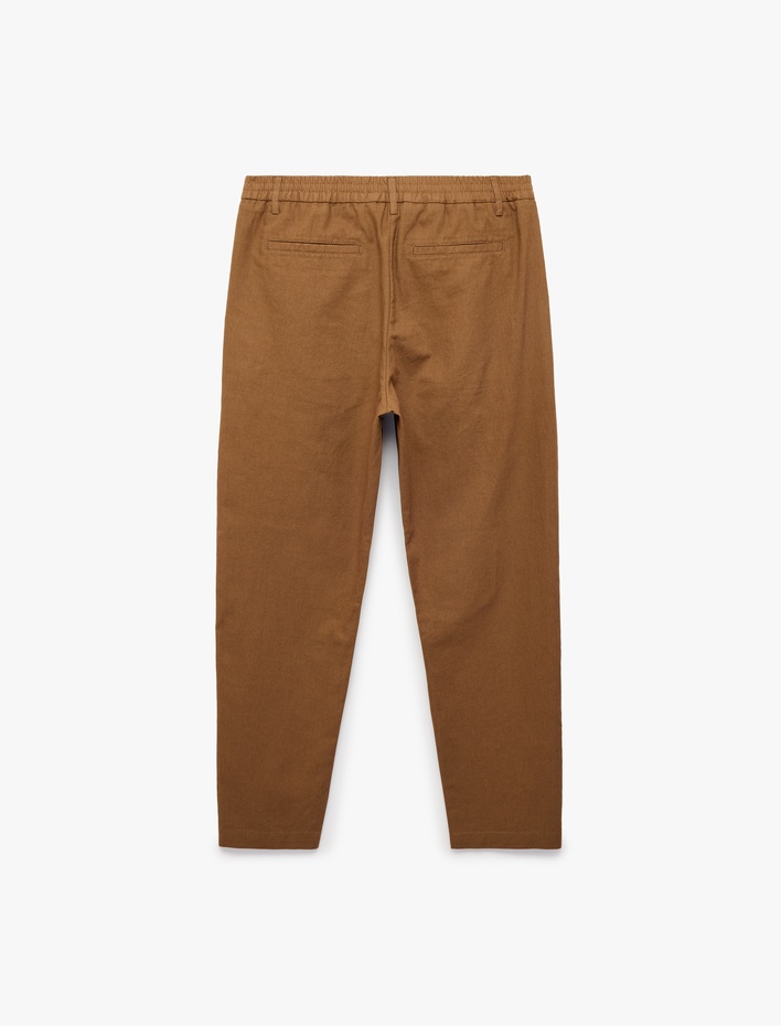  Regular Fit Beli Lastikli Düğmeli Düz Paça Keten Karışımlı Chino Pantolon