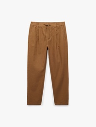 Regular Fit Beli Lastikli Düğmeli Düz Paça Keten Karışımlı Chino Pantolon