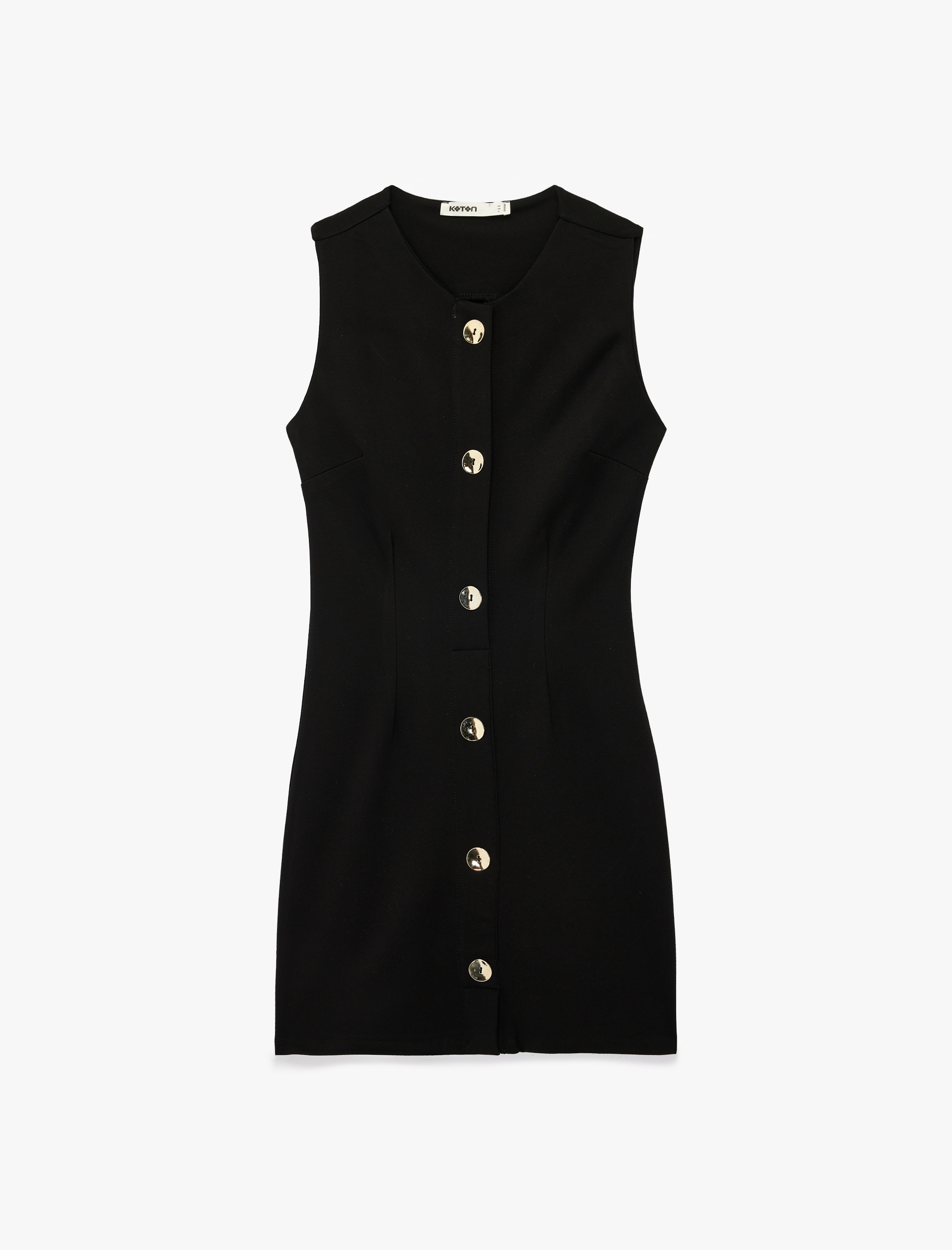   Viskon Kumaş Slim Fit Kolsuz Bisiklet Yaka Düğmeli Mini Elbise