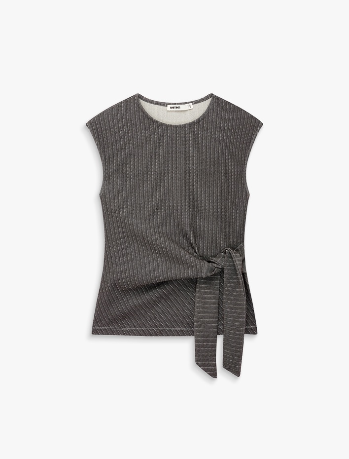  Bağlama Detaylı Çizgili Kolsuz Bluz