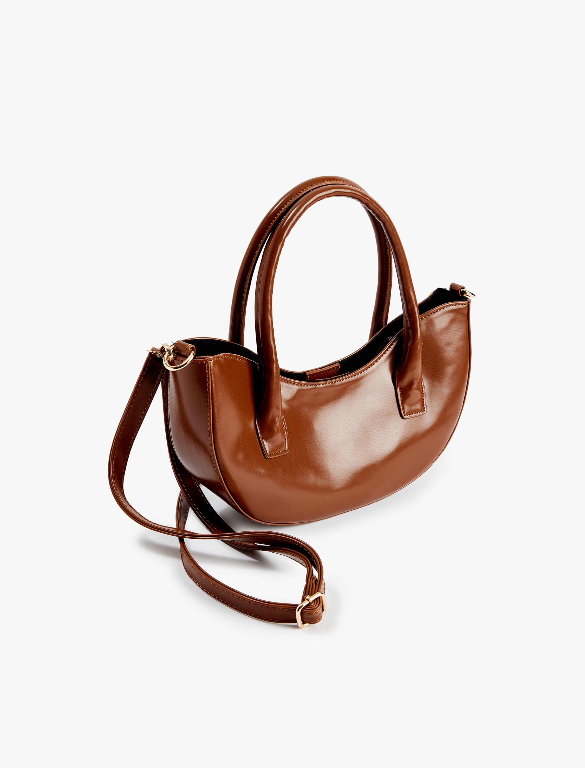  Kadın Parlak Suni Deri Yarım Oval Askılı Saplı El ve Omuz Çantası