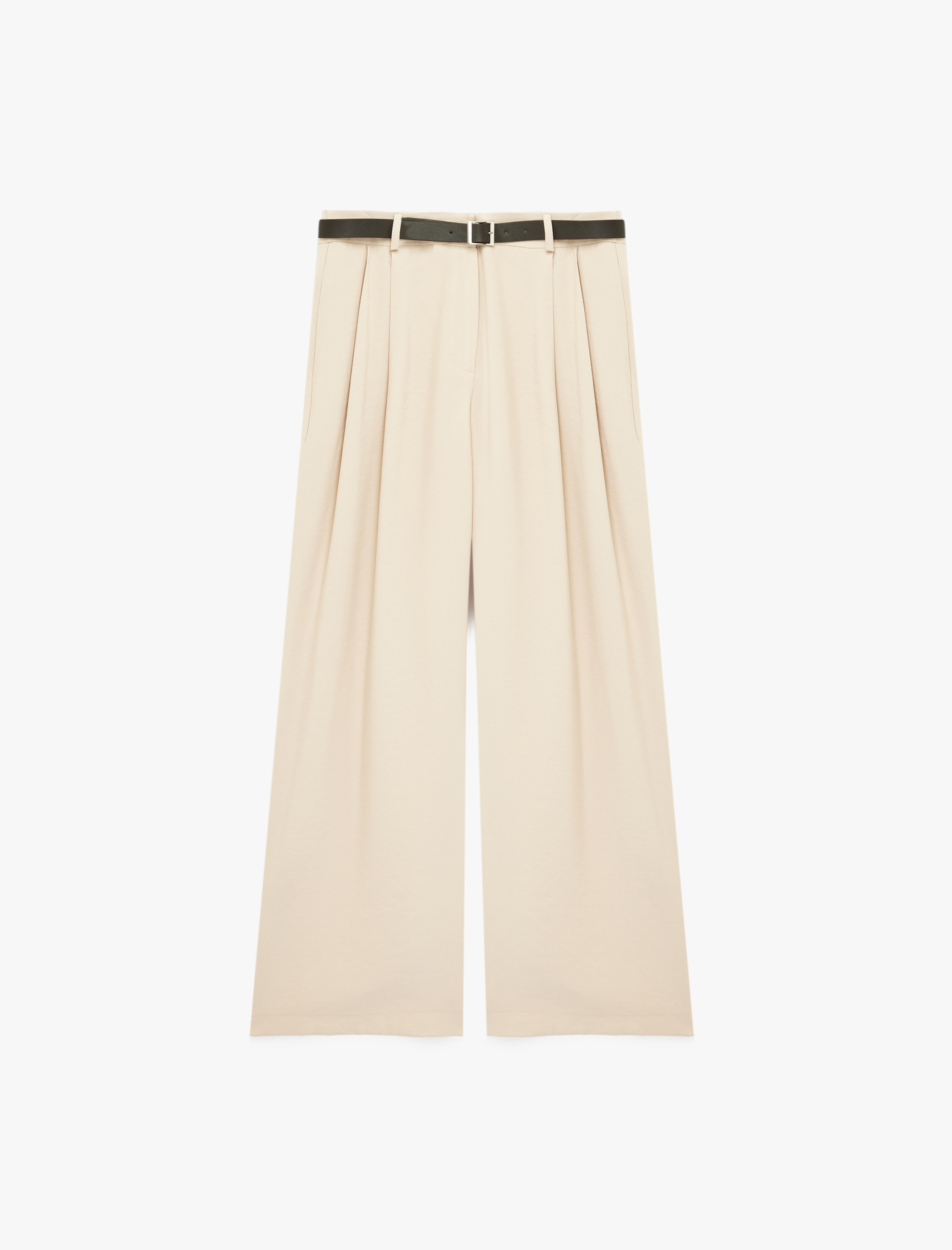   Pileli Düz Geniş Paça Kemerli Palazzo Pantolon