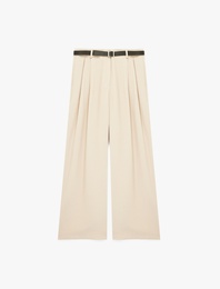 Pileli Düz Geniş Paça Kemerli Palazzo Pantolon