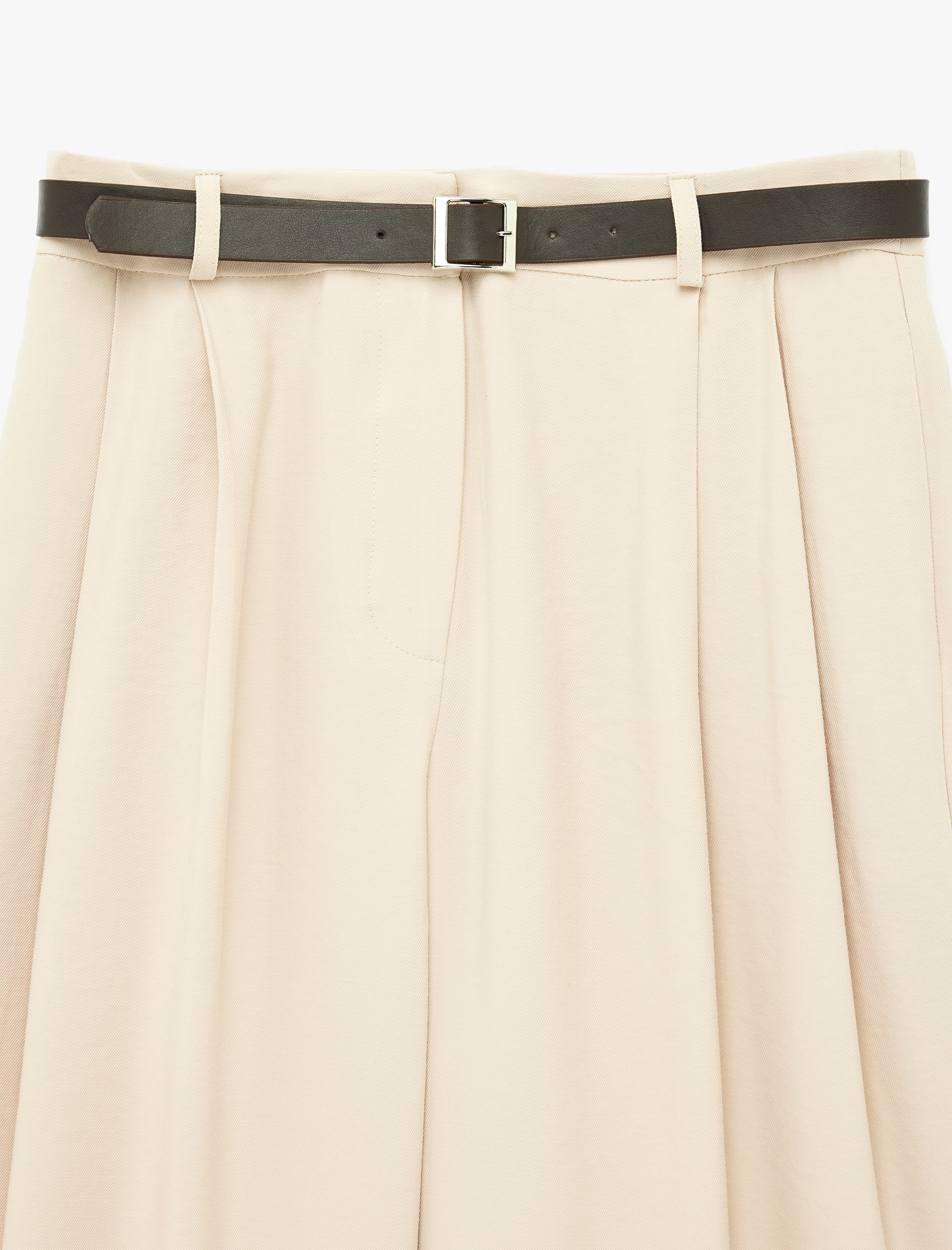   Pileli Düz Geniş Paça Kemerli Palazzo Pantolon