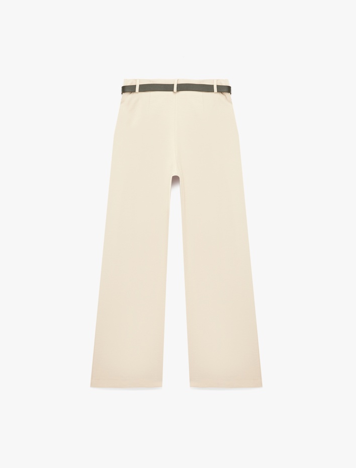  Pileli Düz Geniş Paça Kemerli Palazzo Pantolon