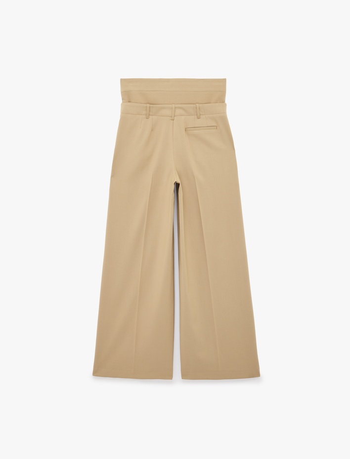  Çift Bel Detaylı Pileli Cepli Geniş Paça Pantolon