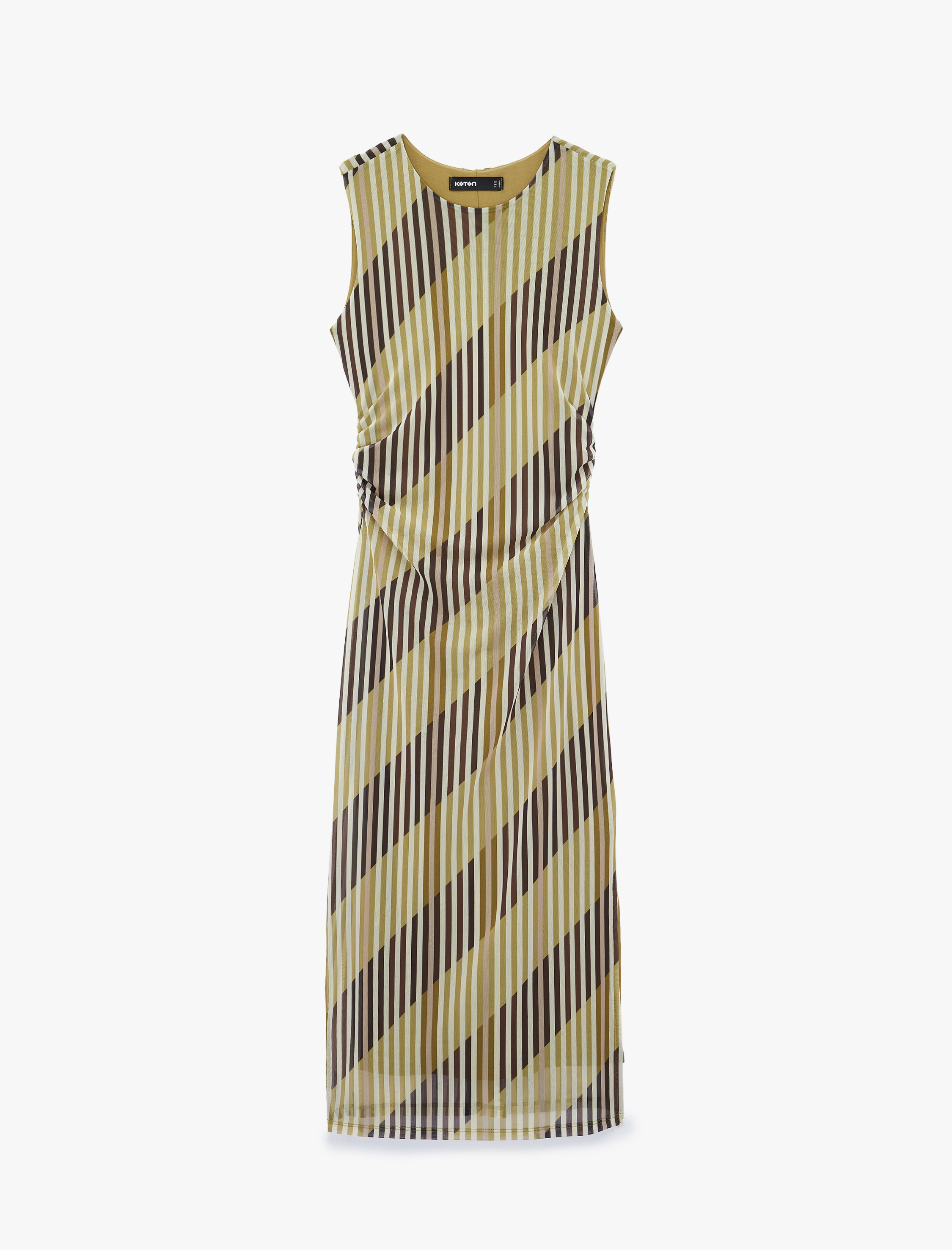   Slim Fit Drape Detaylı Kolsuz Bisiklet Yaka Çizgili Midi Kalem Tül Elbise