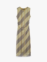 Slim Fit Drape Detaylı Kolsuz Bisiklet Yaka Çizgili Midi Kalem Tül Elbise