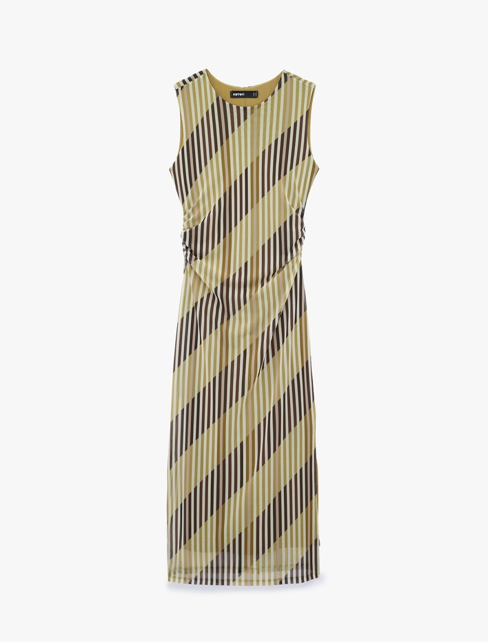  Slim Fit Drape Detaylı Kolsuz Bisiklet Yaka Çizgili Midi Kalem Tül Elbise