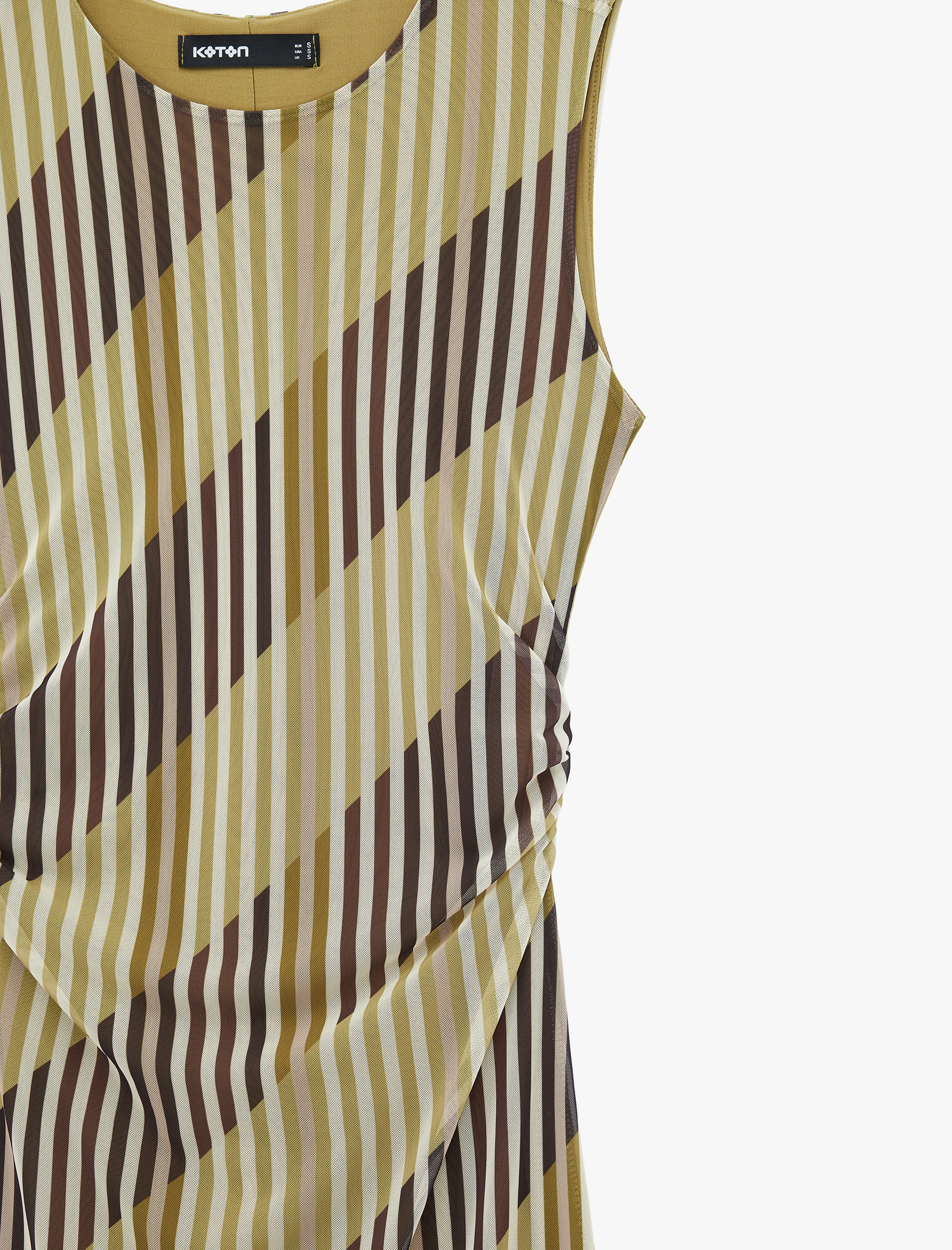   Slim Fit Drape Detaylı Kolsuz Bisiklet Yaka Çizgili Midi Kalem Tül Elbise