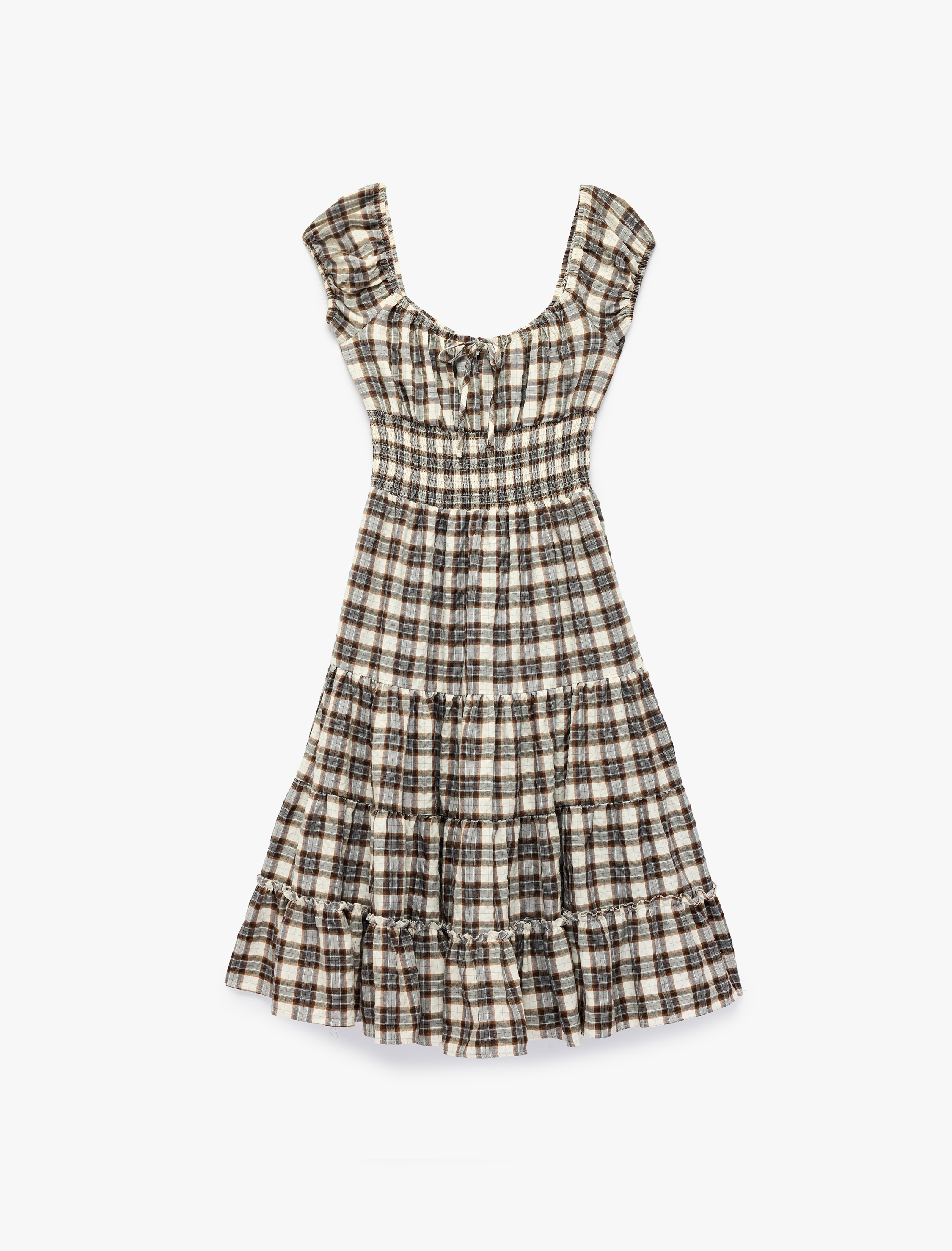   Rahat Kalıp Kısa Kollu Kareli Bağcıklı Katlı Gipeli U Yaka Midi Elbise