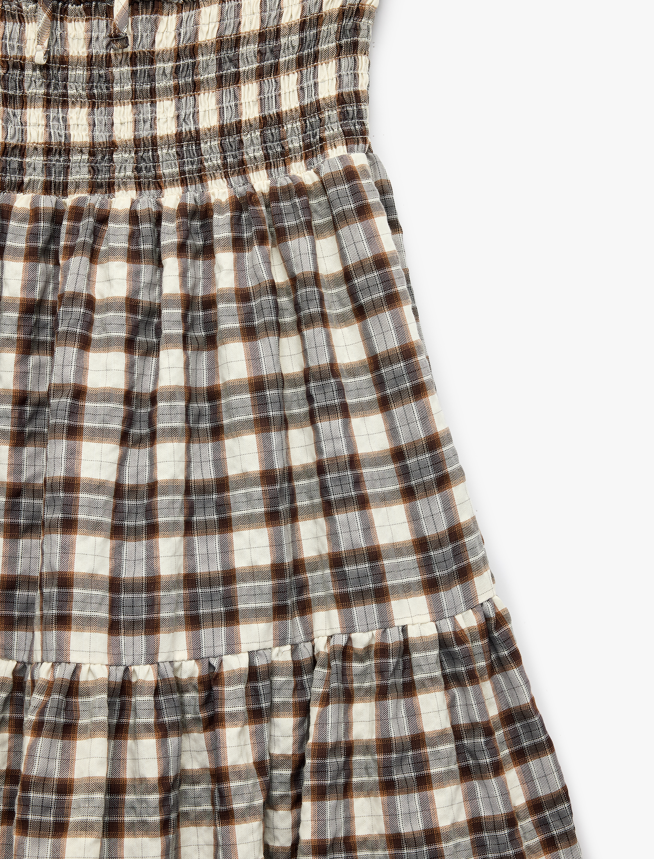   Rahat Kalıp Kısa Kollu Kareli Bağcıklı Katlı Gipeli U Yaka Midi Elbise