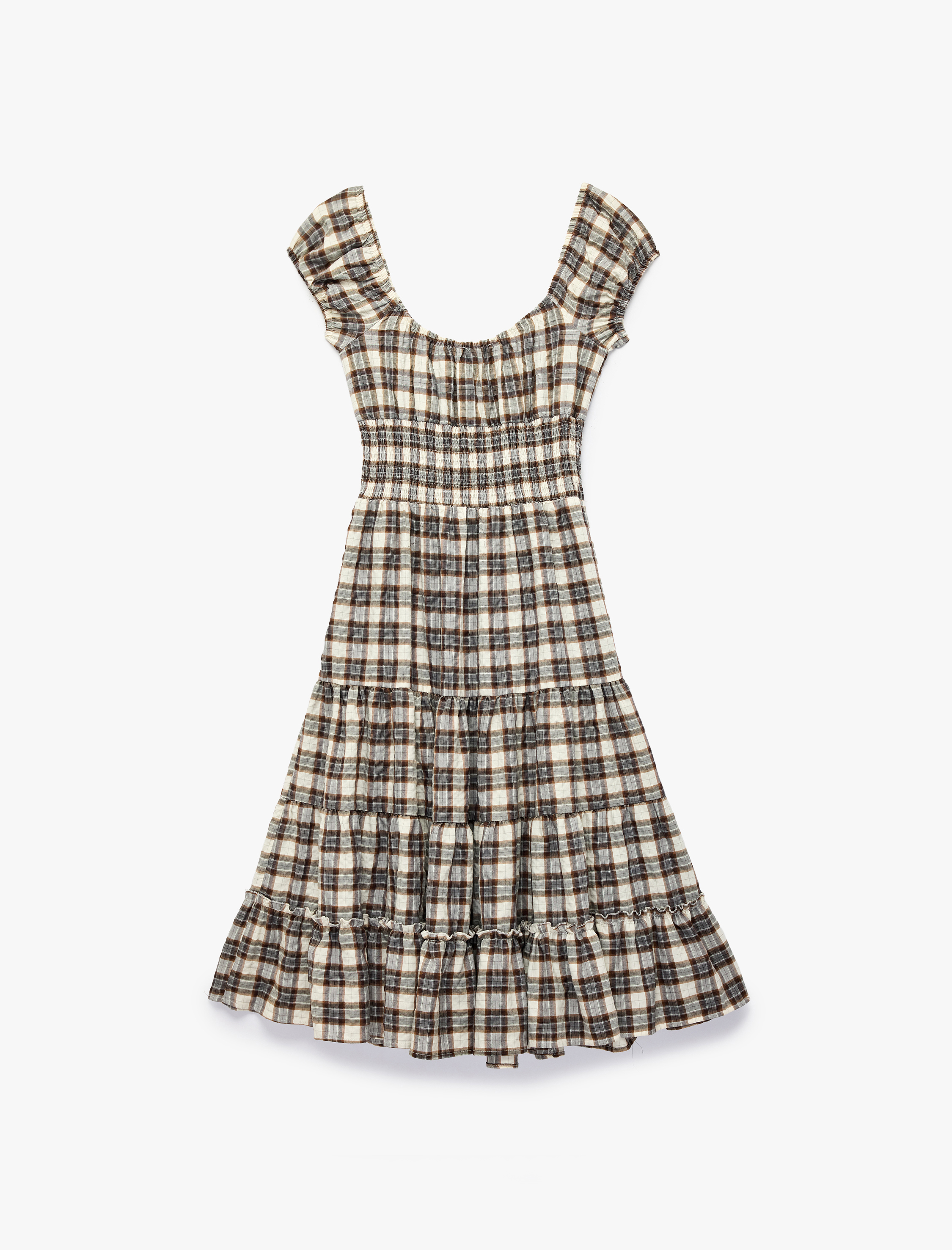   Rahat Kalıp Kısa Kollu Kareli Bağcıklı Katlı Gipeli U Yaka Midi Elbise