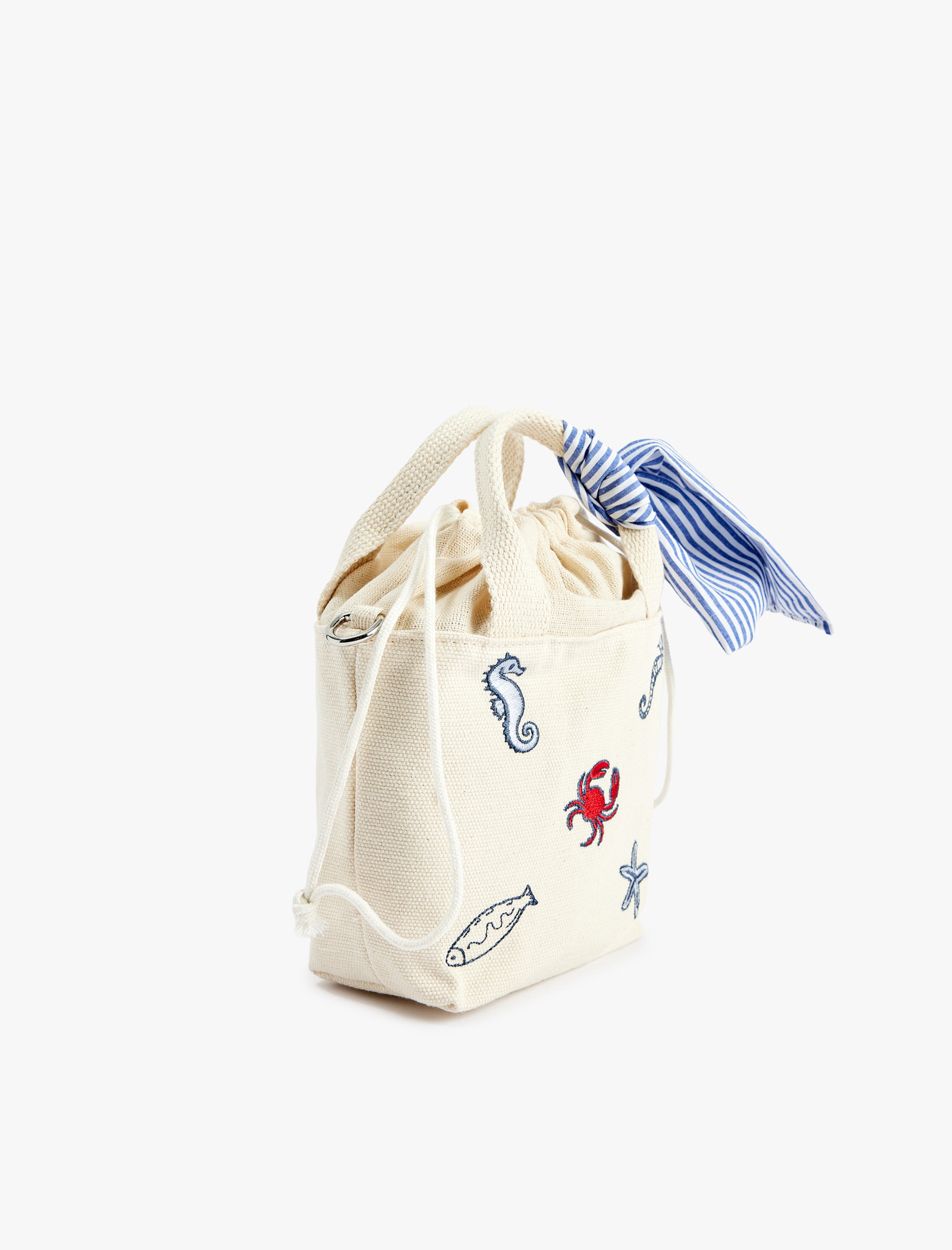  Kız Çocuk Büzgülü Kutu Bez Çanta Saplı Fiyonk Detaylı Yengeç ve Deniz Atı İşleme Detaylı