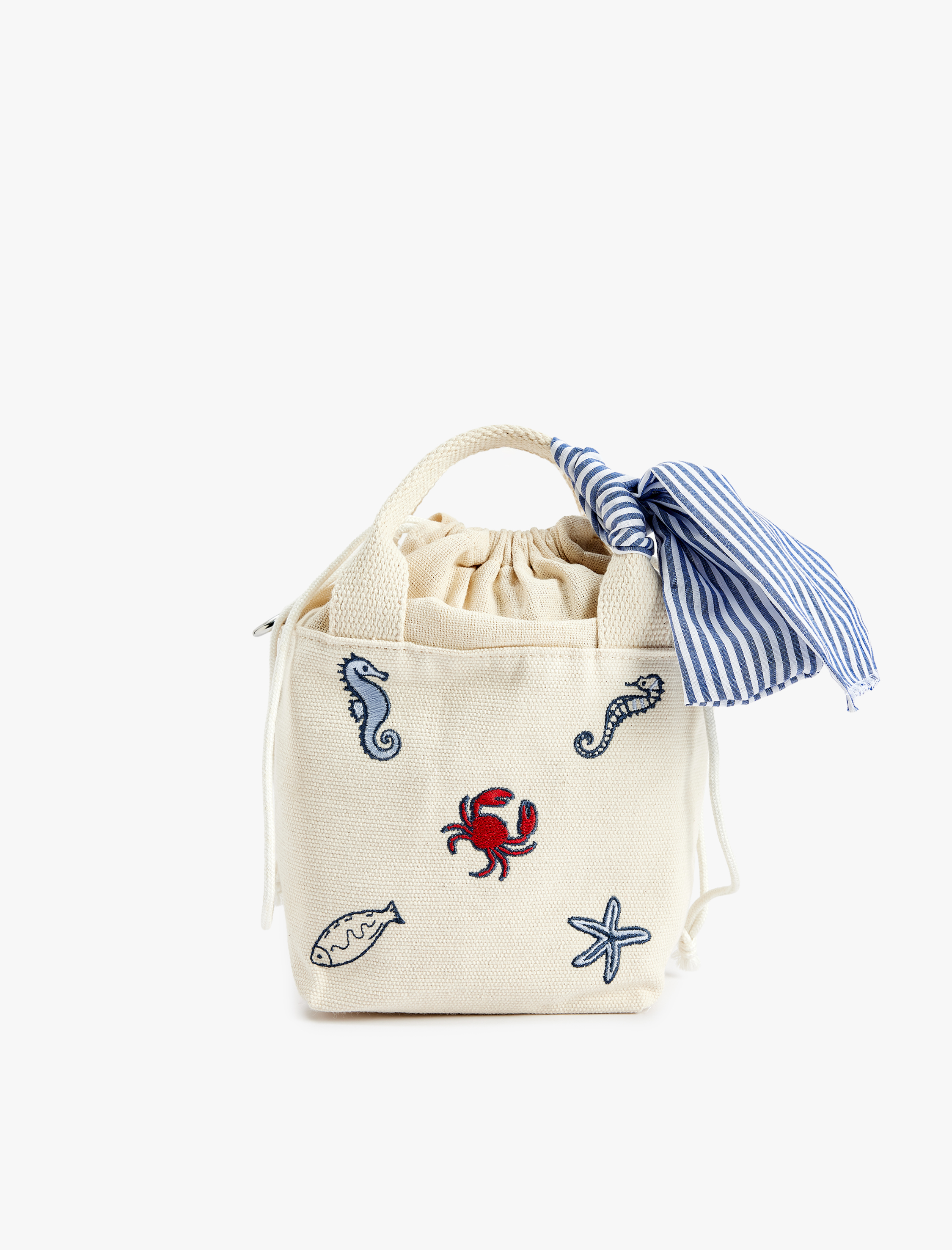  Kız Çocuk Büzgülü Kutu Bez Çanta Saplı Fiyonk Detaylı Yengeç ve Deniz Atı İşleme Detaylı