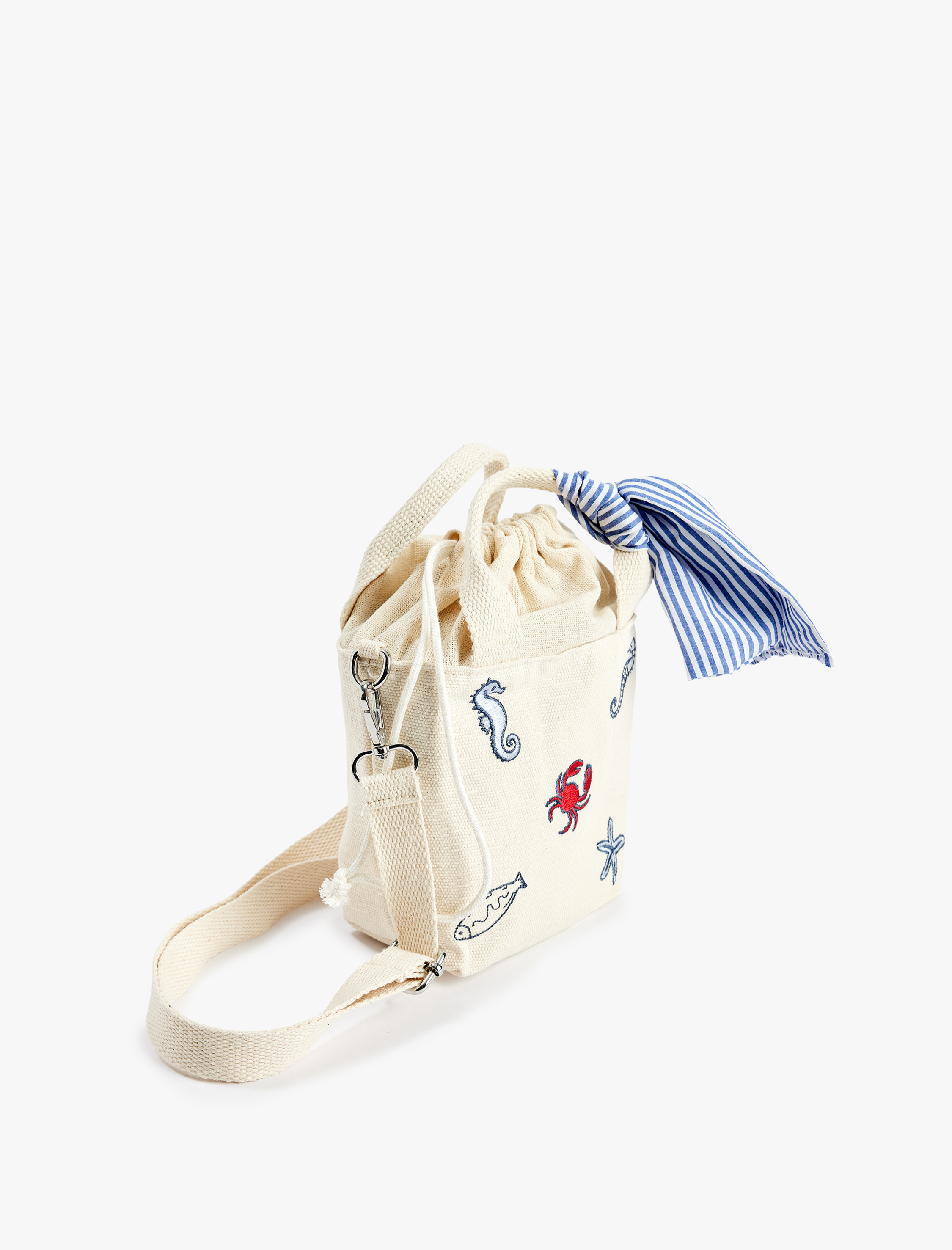  Kız Çocuk Büzgülü Kutu Bez Çanta Saplı Fiyonk Detaylı Yengeç ve Deniz Atı İşleme Detaylı