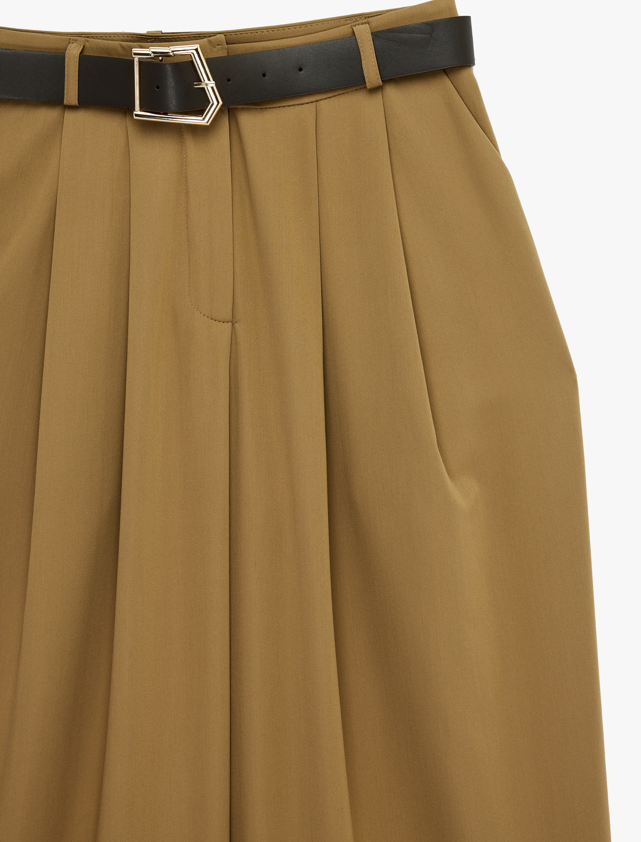   Viskon Karışımlı Kemer Detaylı Cepli Yüksek Bel Palazzo Pantolon