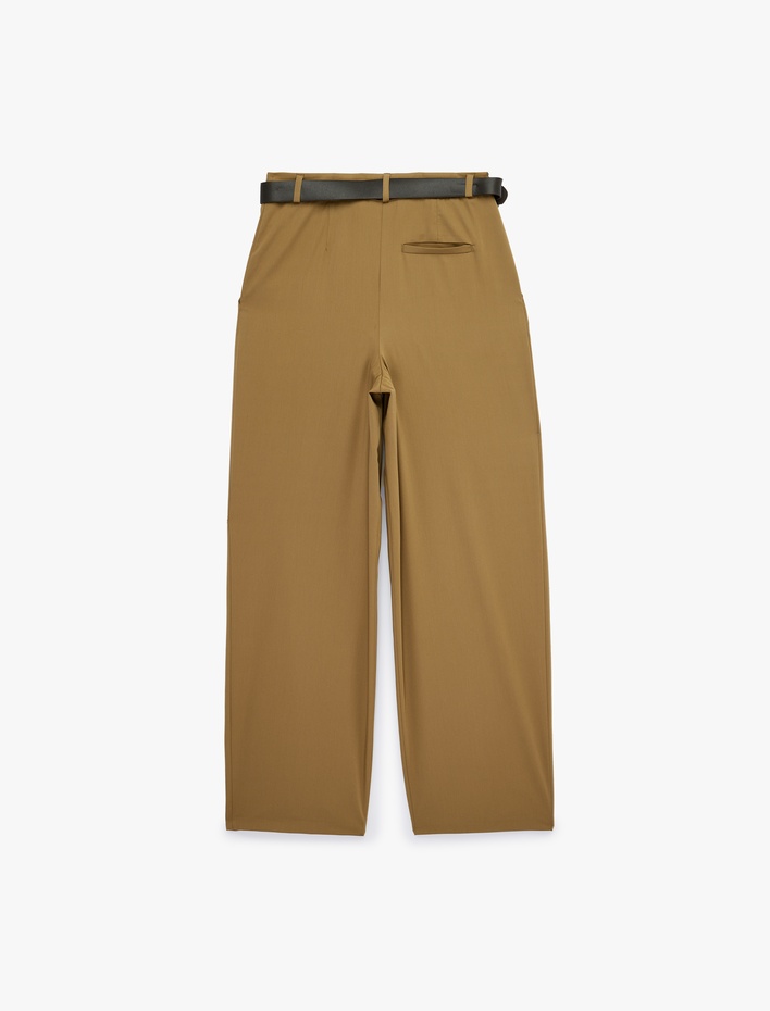  Viskon Karışımlı Kemer Detaylı Cepli Yüksek Bel Palazzo Pantolon