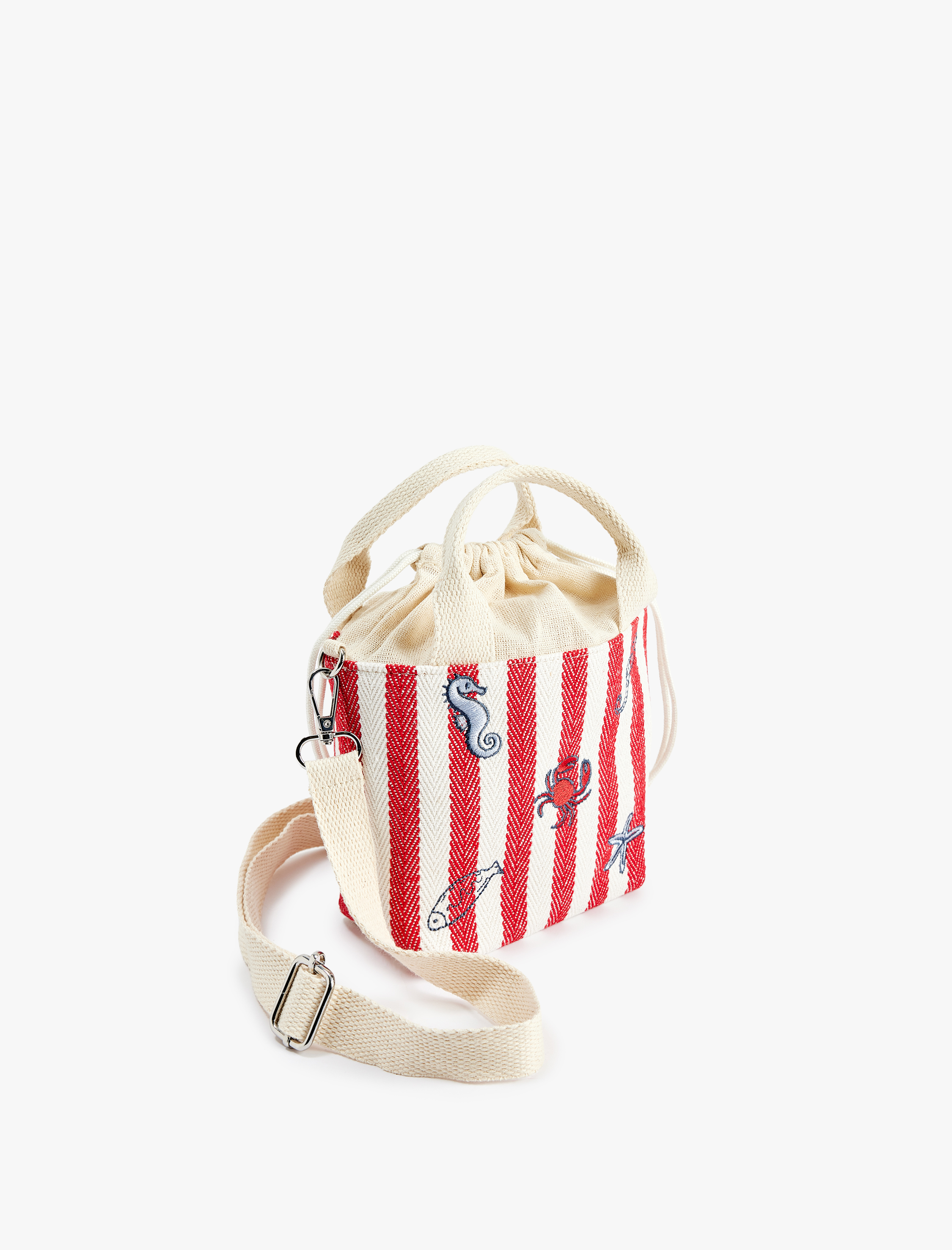  Kız Çocuk Çizgili Kutu Bez Çanta Saplı Büzgülü Yengeç ve Deniz Atı İşleme Detaylı