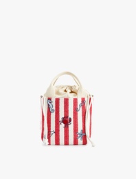 Çizgili Kutu Bez Çanta Saplı Büzgülü Yengeç ve Deniz Atı İşleme Detaylı