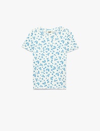Pamuklu Kısa Kollu Bisiklet Yaka Çiçekli Tişört