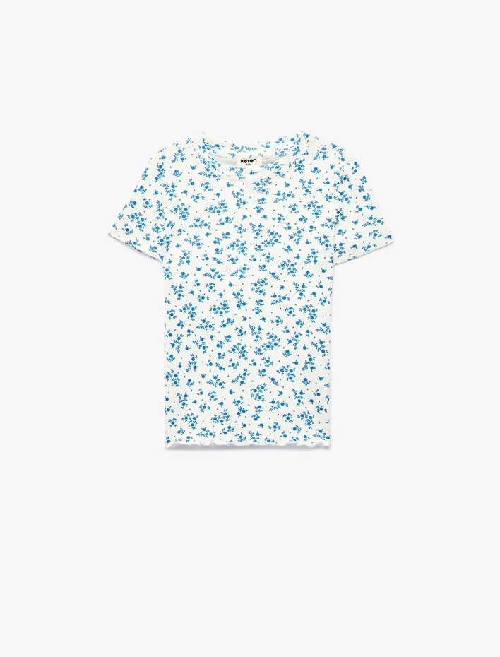 Kız Çocuk Pamuklu Kısa Kollu Bisiklet Yaka Çiçekli Tişört