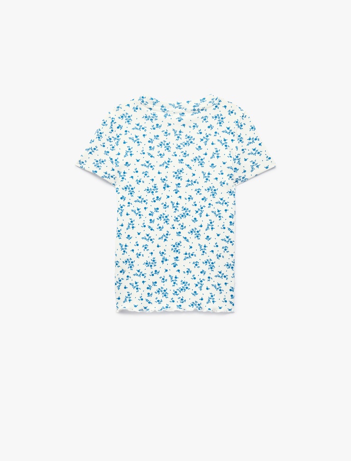 Kız Çocuk Pamuklu Kısa Kollu Bisiklet Yaka Çiçekli Tişört