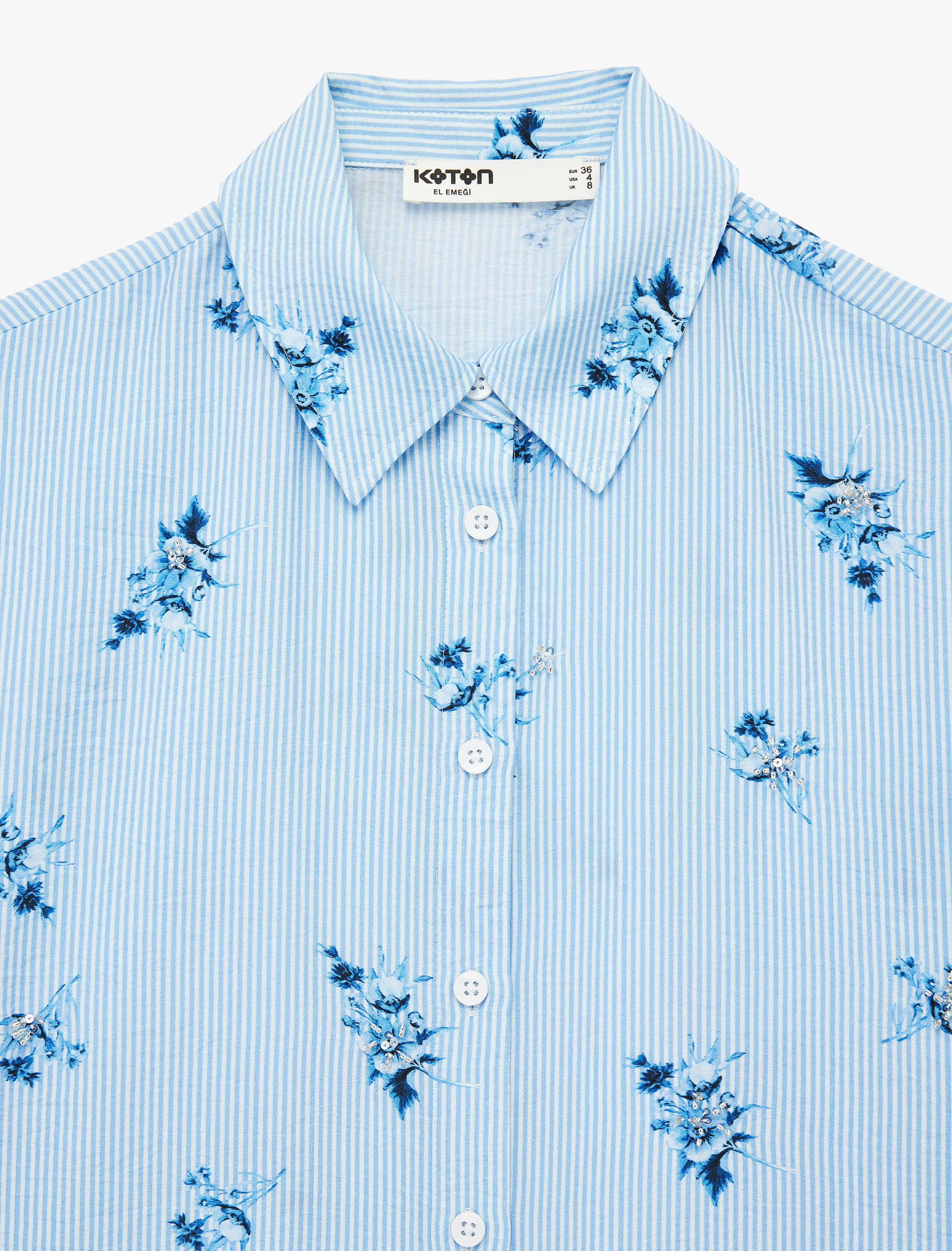   Kısa Kollu Nakış Detaylı Çiçekli Çizgili Gömlek