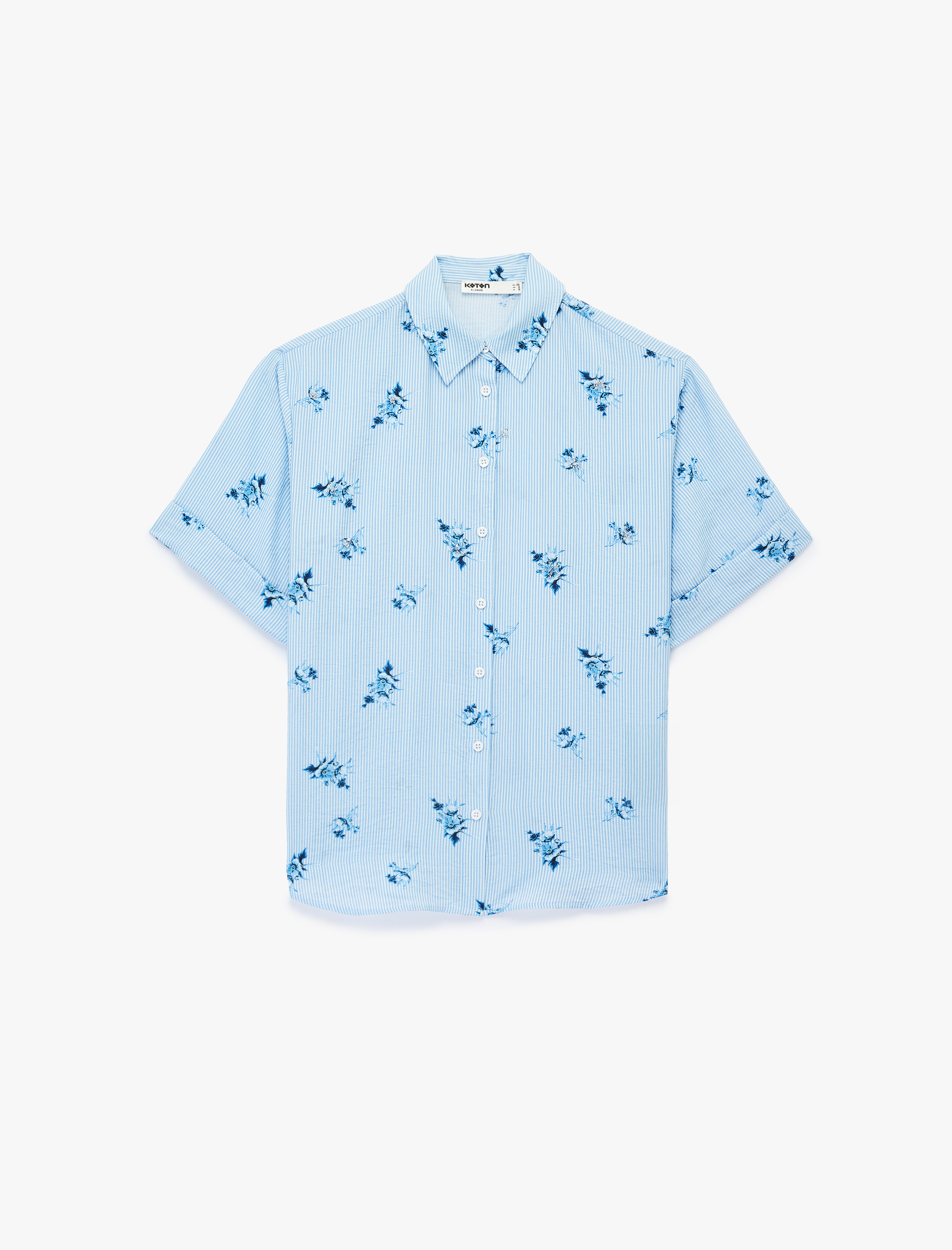   Kısa Kollu Nakış Detaylı Çiçekli Çizgili Gömlek